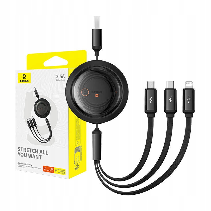 BASEUS ZWIJANY KABEL PRZEWÓD 3W1 MICRO USB/USB-C/LIGHTNING 3.5A 1.1M