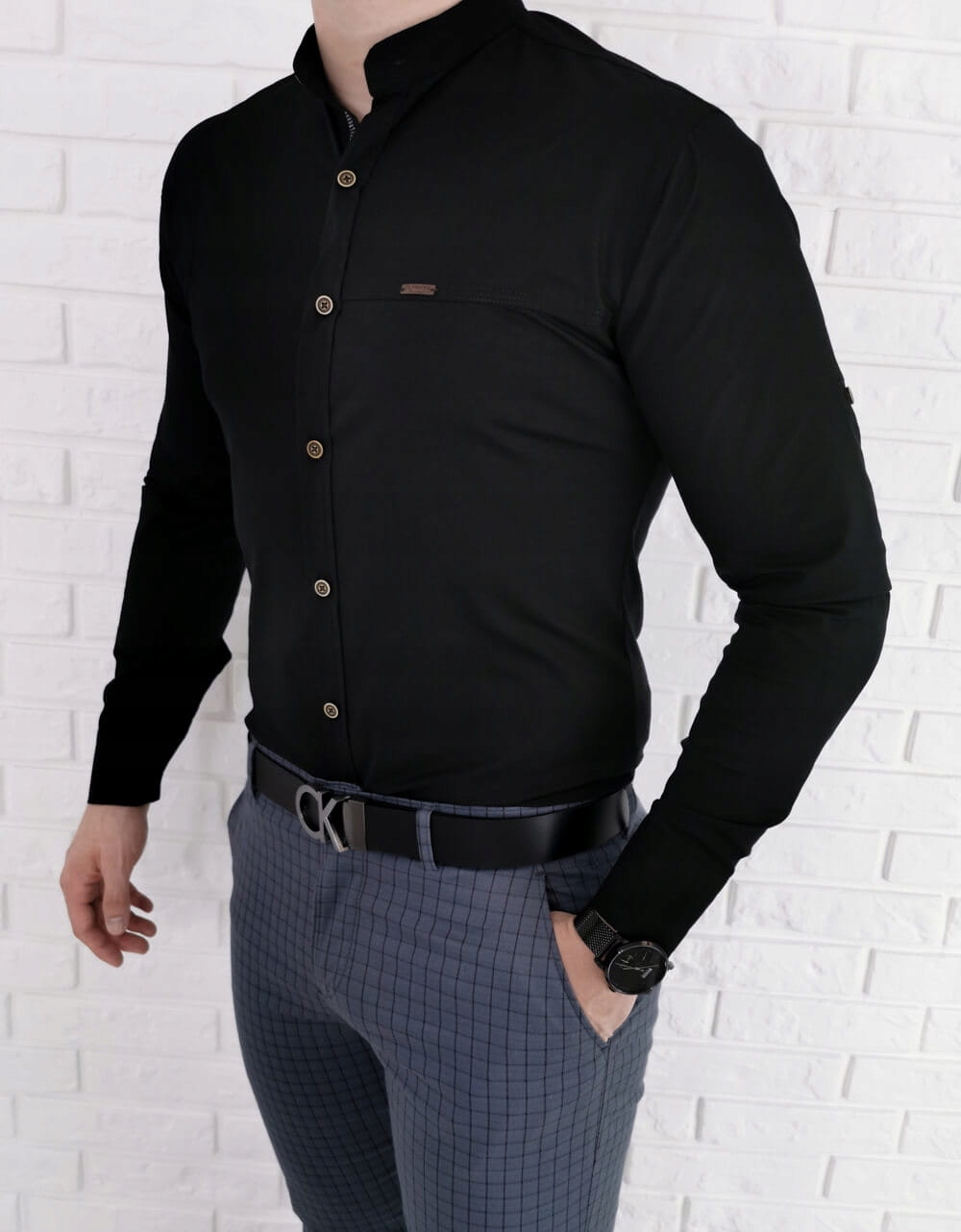 Czarna meska koszula ze stojka slim fit 0134/2 - S Cechy dodatkowe brak