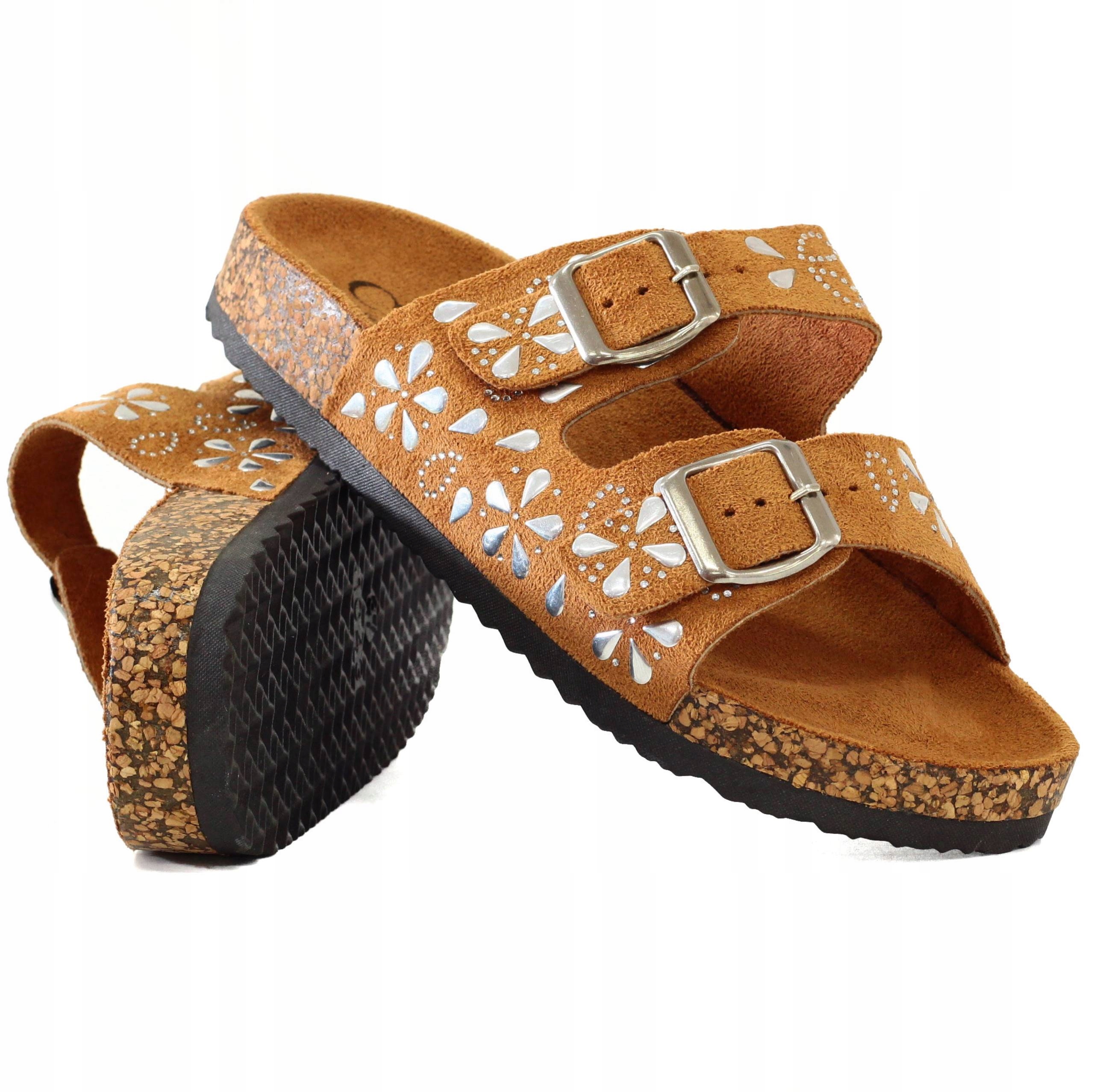 KLAPKI DAMSKIE NA KORKU STYLOWE KLAMRY PROFILOWANE Materiał zewnętrzny inny