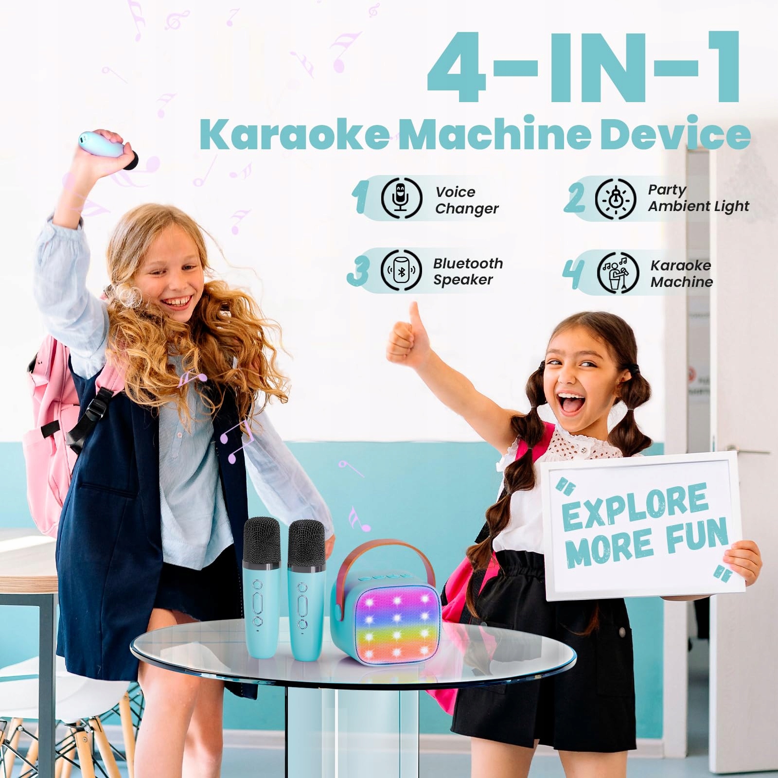 WOWSTAR Przenośna Maszyna Karaoke Bluetooth z Mikrofonami i LED Niebieska — miniatura 6
