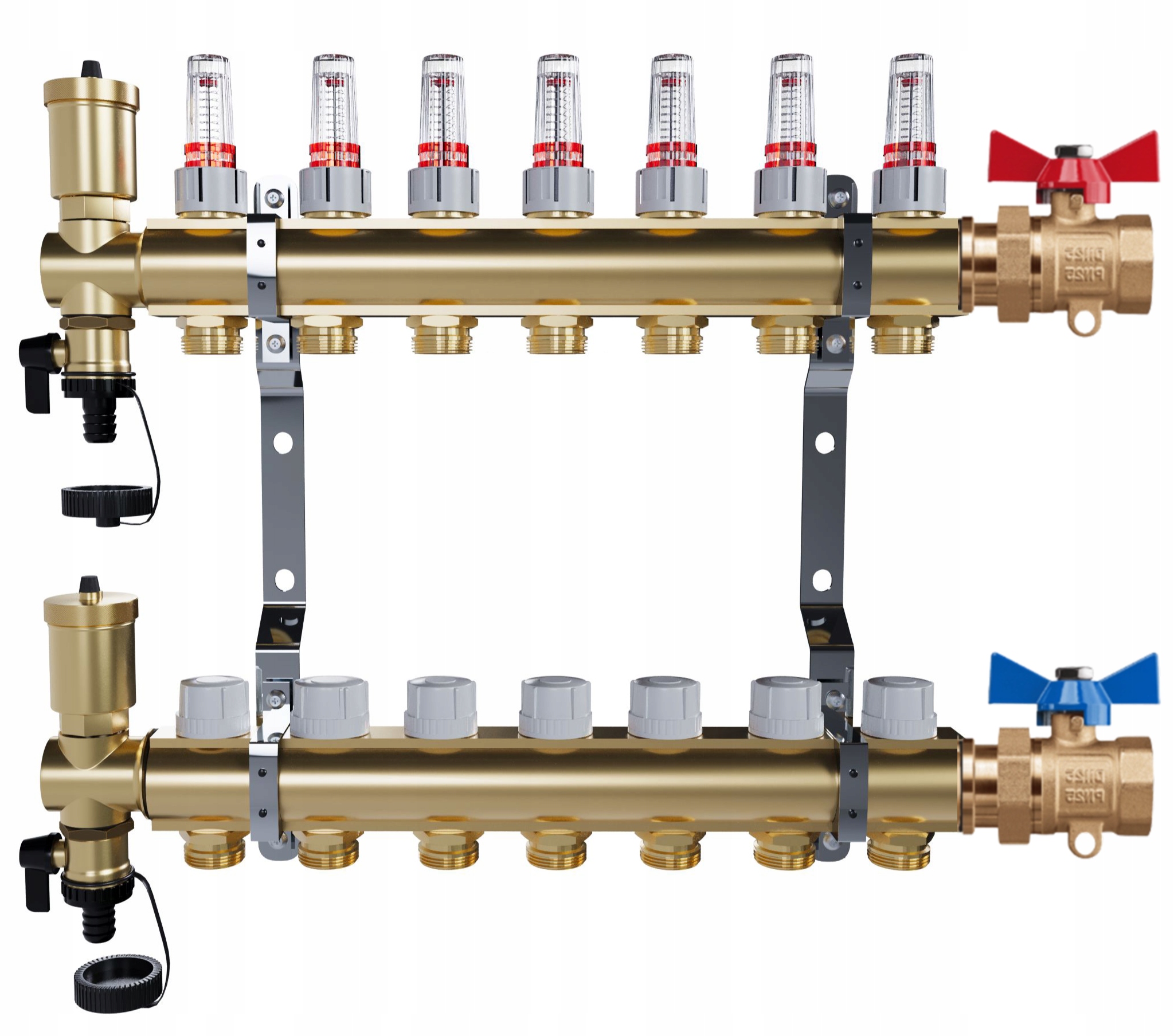Rozdělovač pro podlahové vytápění – 7 okruhů jednoduché kulové ventily