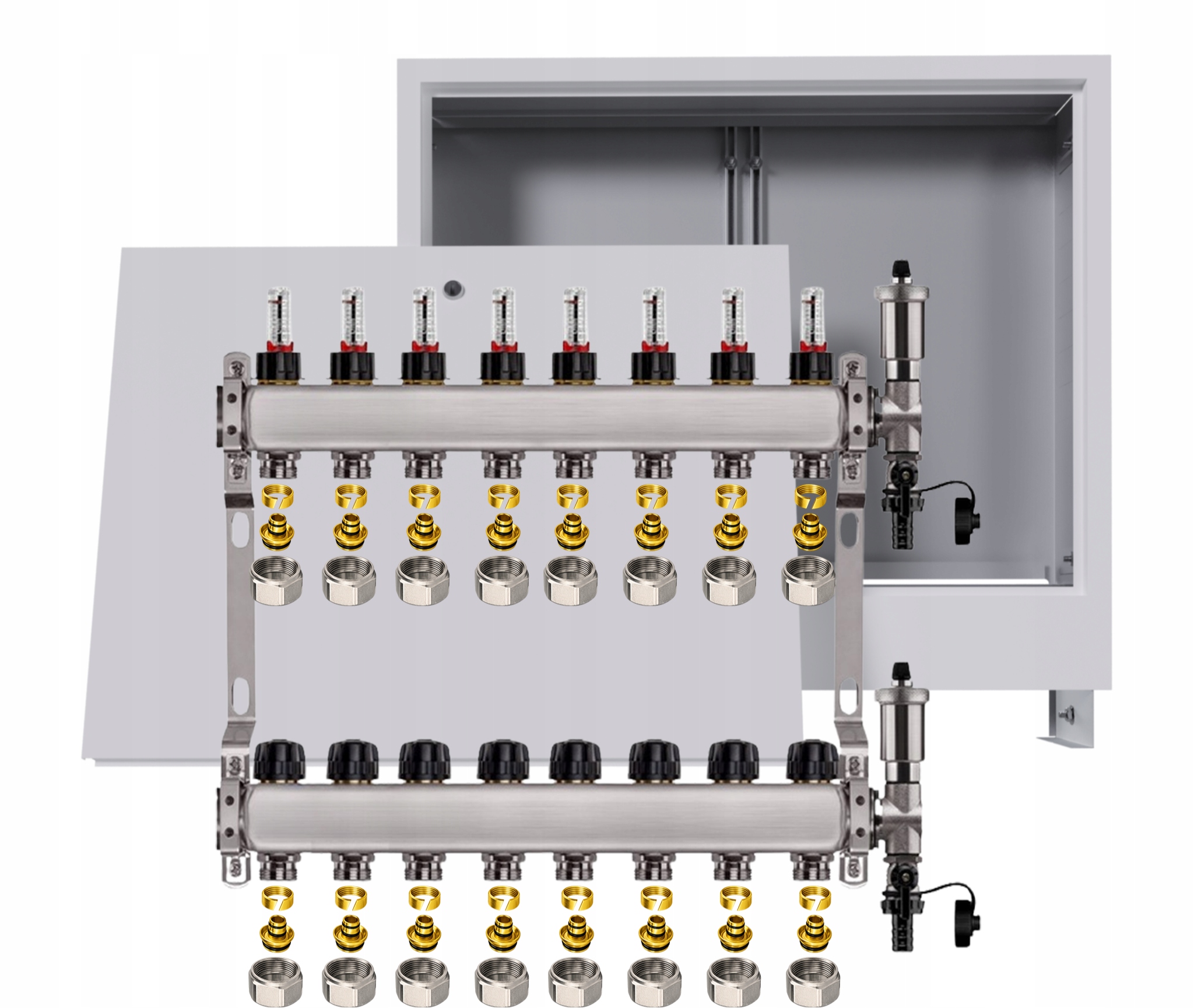 Nerezový rozdělovač pro podlahu 8 okruhů s podomítkovou schránkou Pex