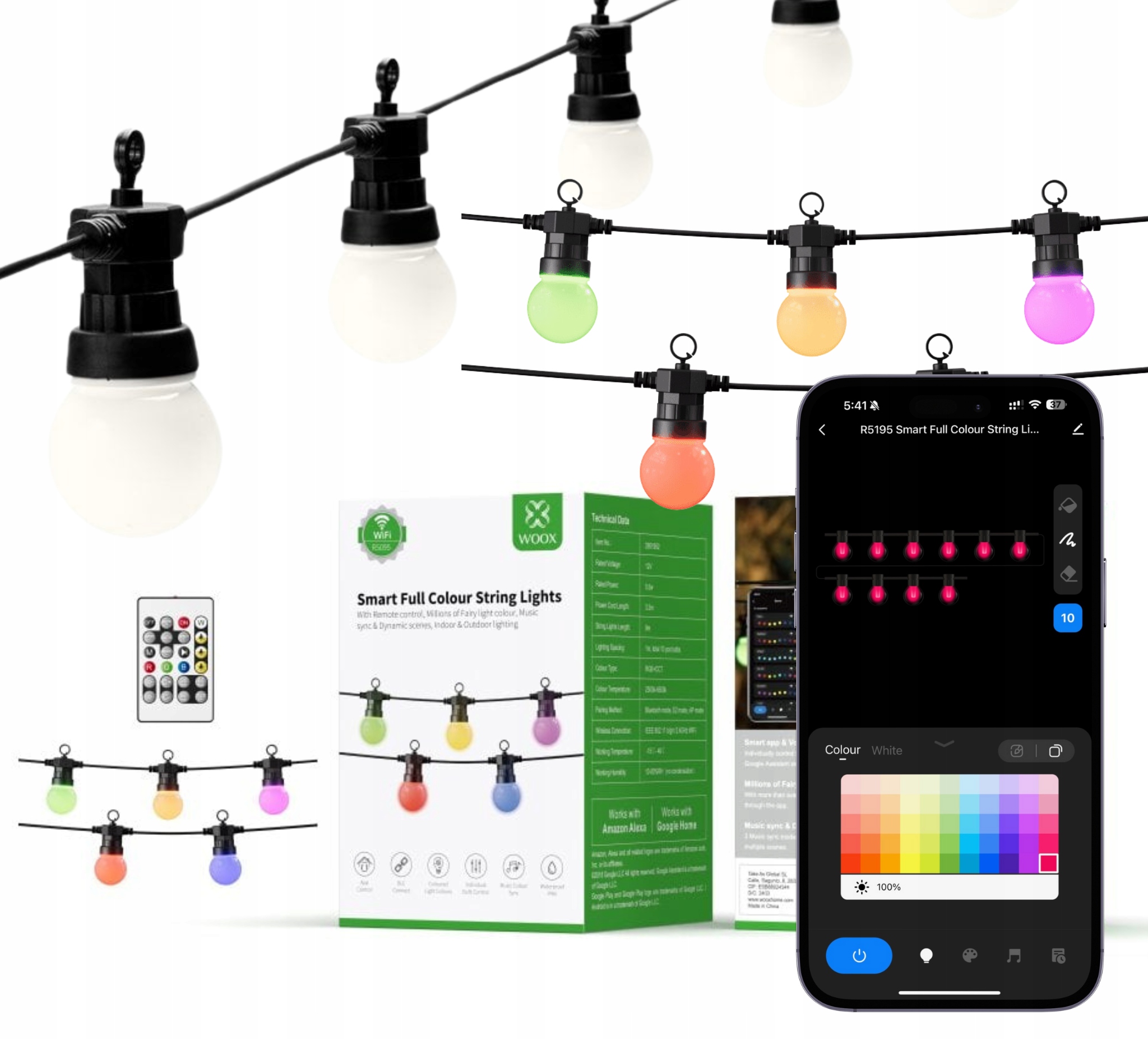 Zahradní girlanda, Led světýlka s WiFi Rgb, 10 žárovek, životnost 25 000 hodin Woox
