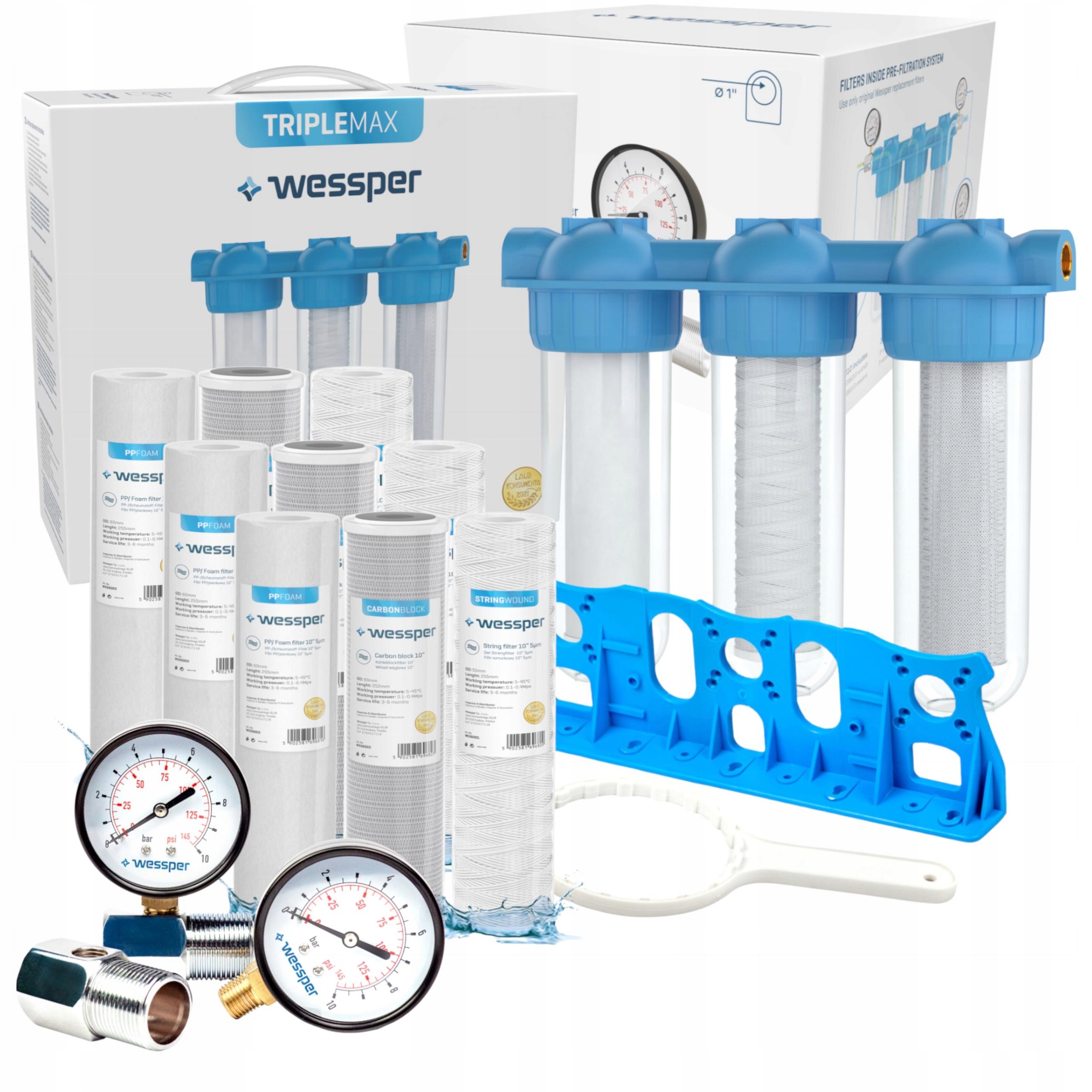 Wessper vodní filtr 1" 3-stupňový na celý dům 12x náplň tlakoměr