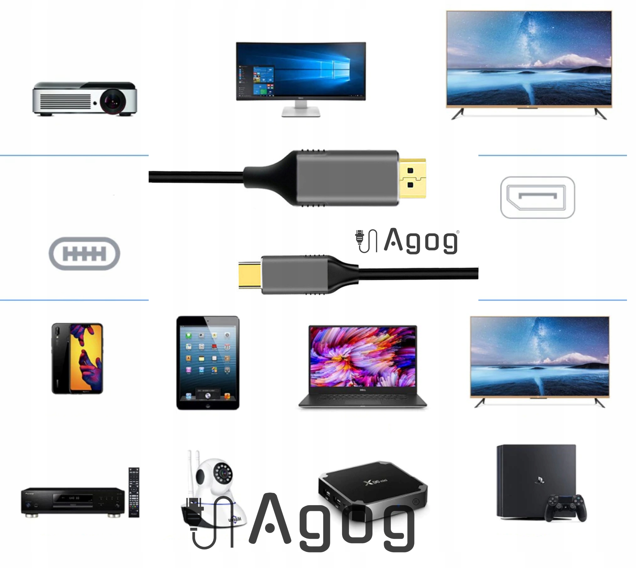 KABEL ADAPTER PRZEWÓD USB-C DO DisplayPort DP MAC 4K 60Hz PLUG&PLAY AGOG Długość kabla 1.8 m