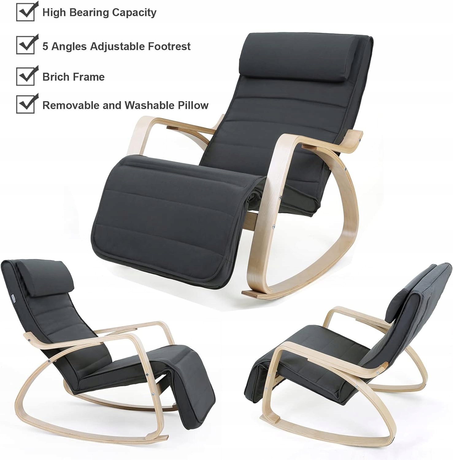 Fotel bujany krzesło bujane z podłokietnikami i regulacją podnóżka wygodny Szerokość mebla 67 cm