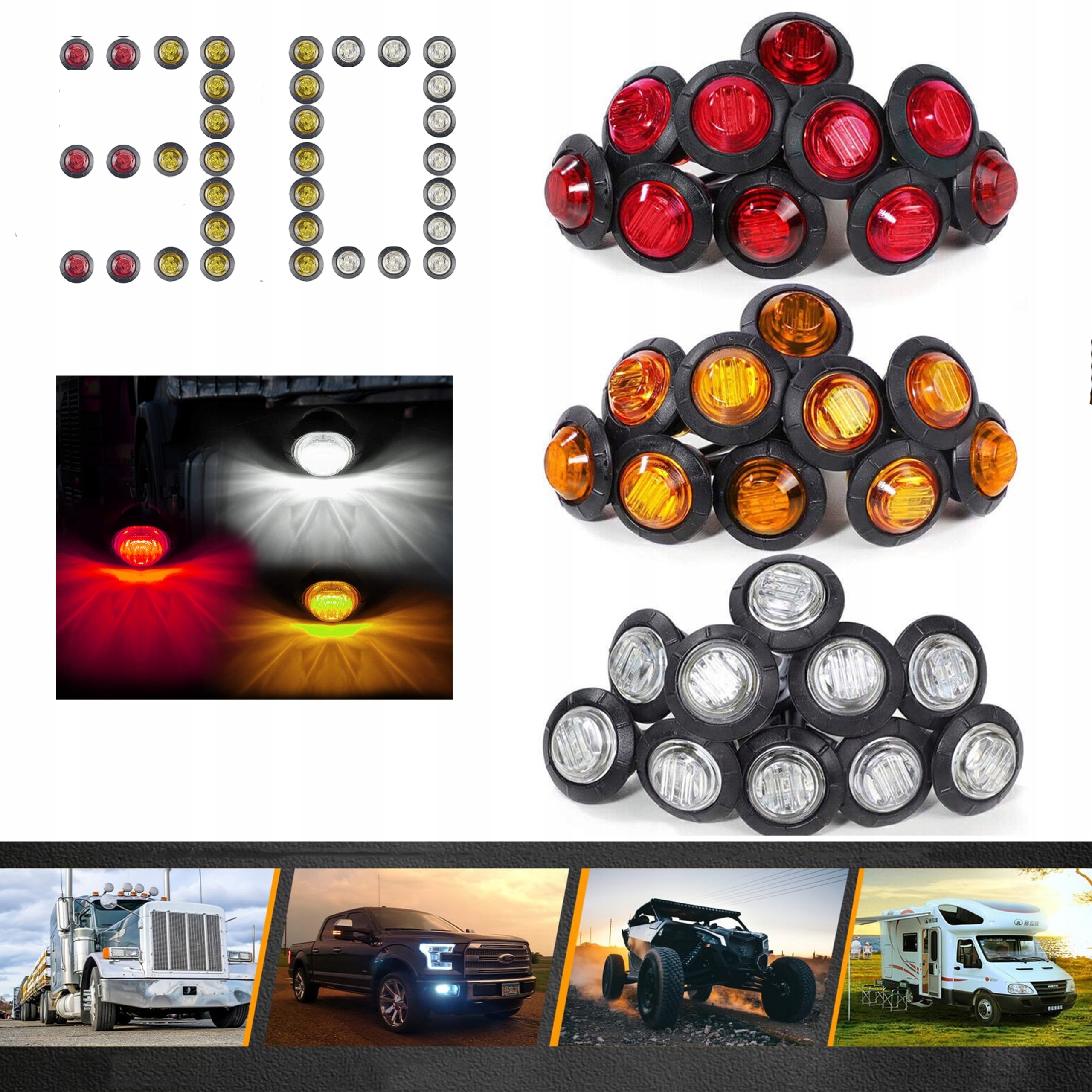 30x Obrysové Světlo do Otvor 19mm kulatá 3 Led obrysová světla 12V