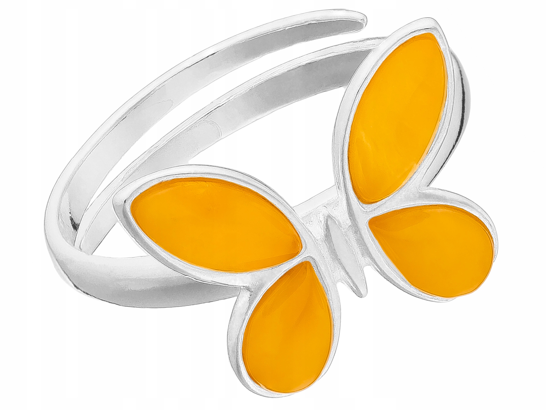Velký stříbrný nastavitelný Prstýnek Motýlek s žlutým jantarem 16