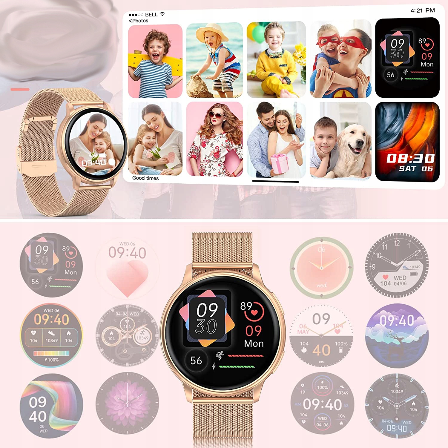 SMARTWATCH ZEGAREK DAMSKI POLSKIE MENU ROZMOWY CIŚNIENIE + 2 PASKI GRATIS Kształt koperty okrągła