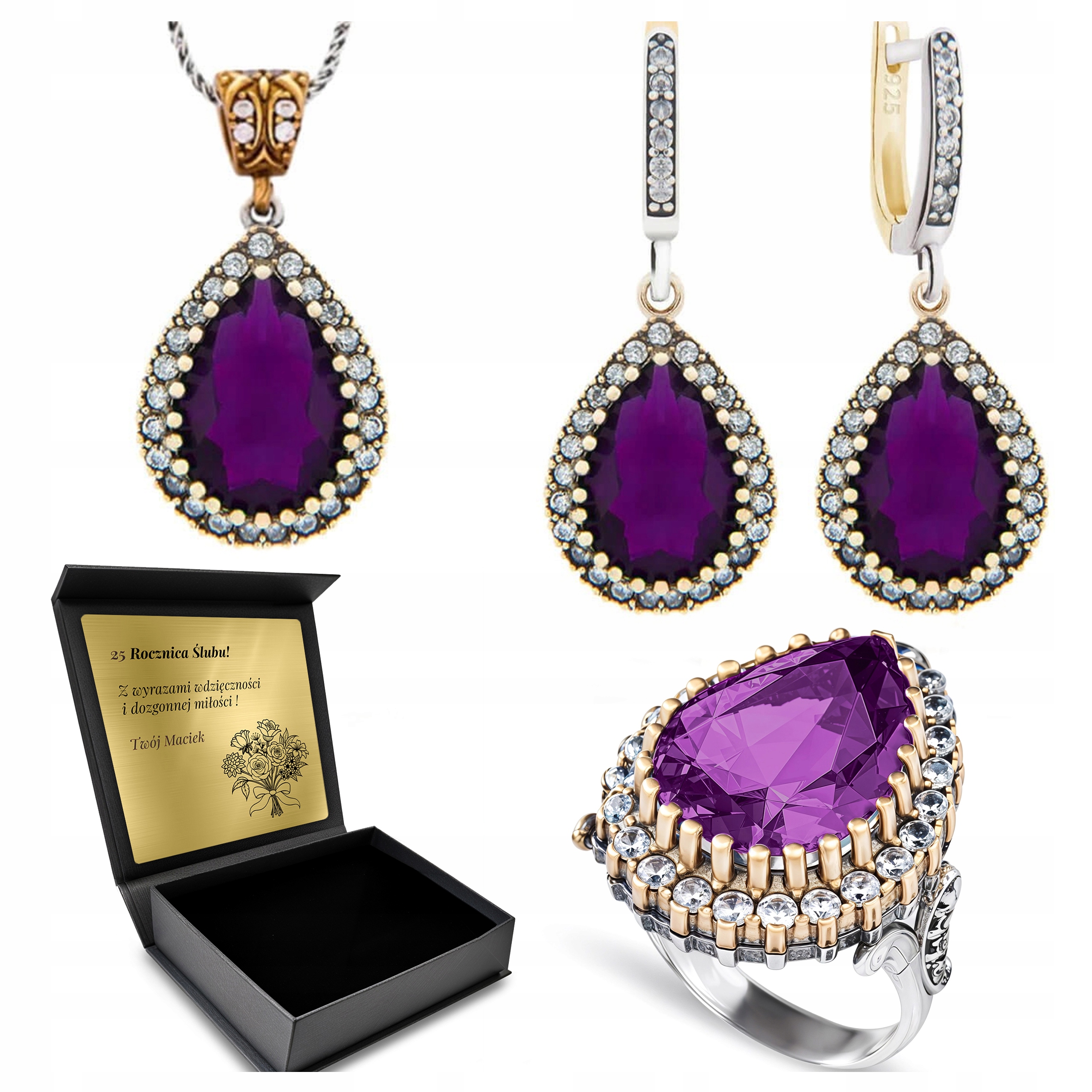 Sada Stříbrných Šperků 925 S Zirkony A Ametystem Gravírování