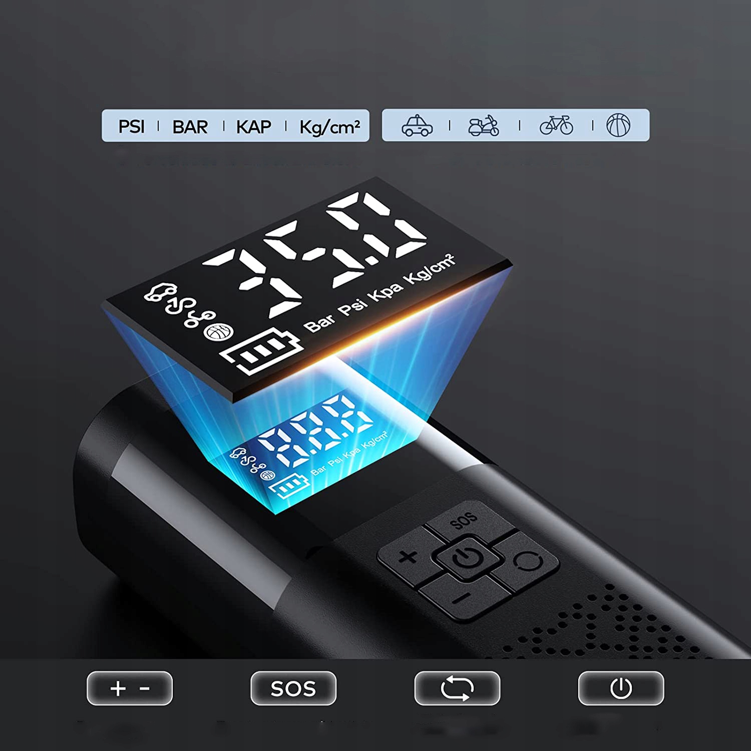 KOMPRESOR POMPKA LCD MINI DO SAMOCHODOW OPON PIŁKI Waga produktu z opakowaniem jednostkowym 0.76 kg