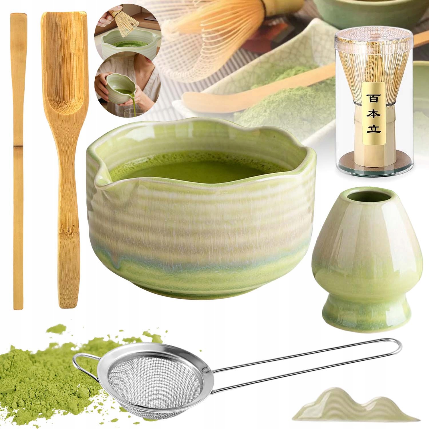 Levně Dárková Sada Na Čaj Matcha Šálek Metla Podstavec Lžička 7KS