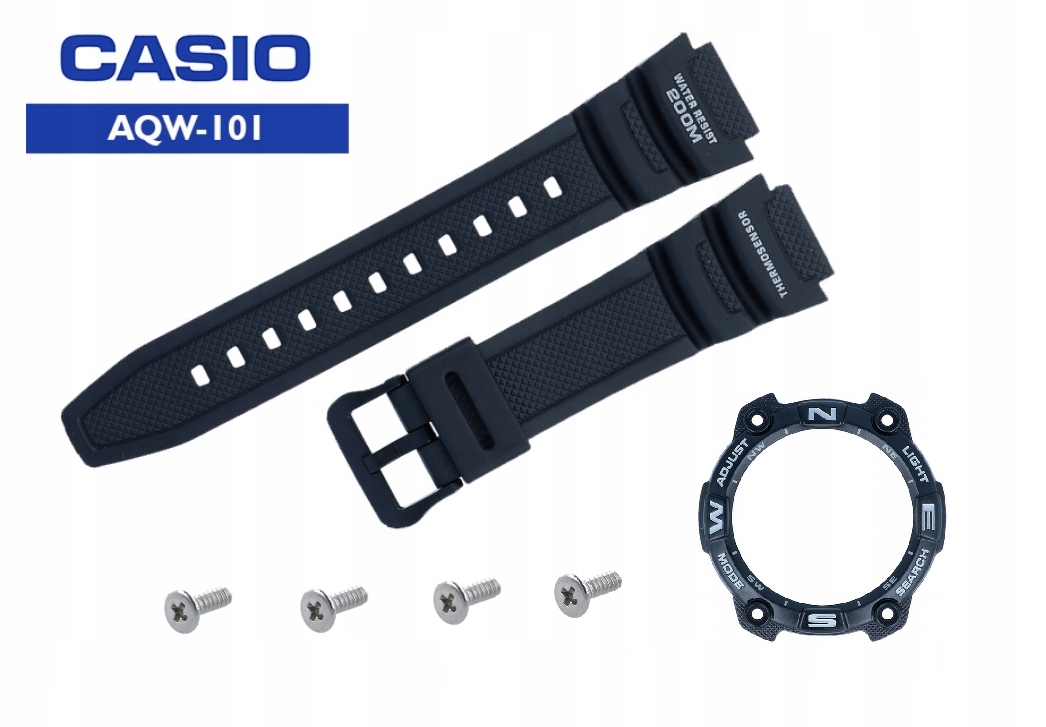 Komplet Originální pásek a bezel 4 x šroub bezela A Casio AQW-101+teleskopy