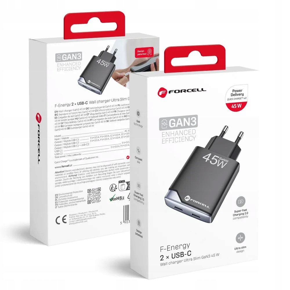 Síťová nabíječka pro telefon Forcell F-Energy Ultra Slim GaN III 2 x Usb