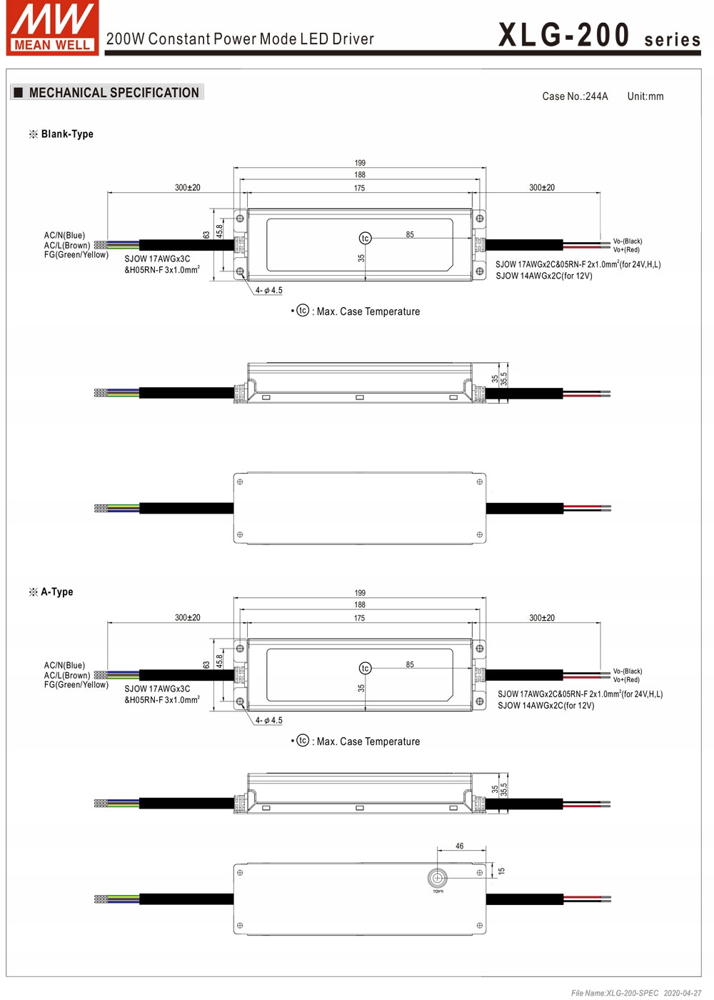 Zasilacz LED Mean Well XLG-200-12 192W 12V IP67 Kod producenta XLG-200-12-A