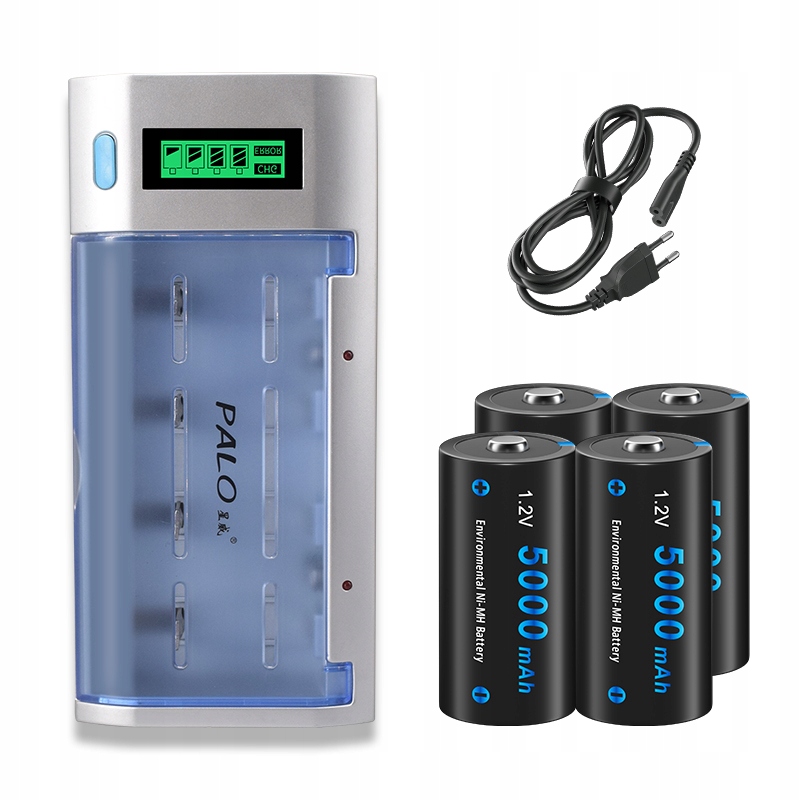 4x 1,2V Baterie velikosti C, dobíjecí NiMH, 5000mAh Nabíječka pro 9V/1,2V/AA/AAA/C/D baterie