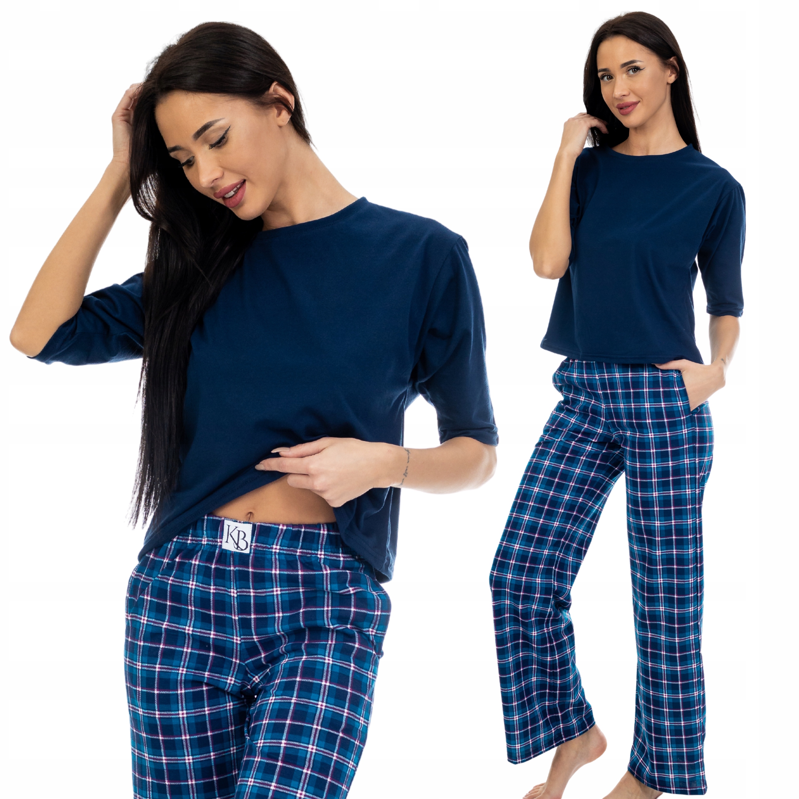 Dámské Pyžamo Námořnická Modrá 3/4 Rukáv Dlouhé Rovné Kalhoty Kostka Tyrkysová XXL
