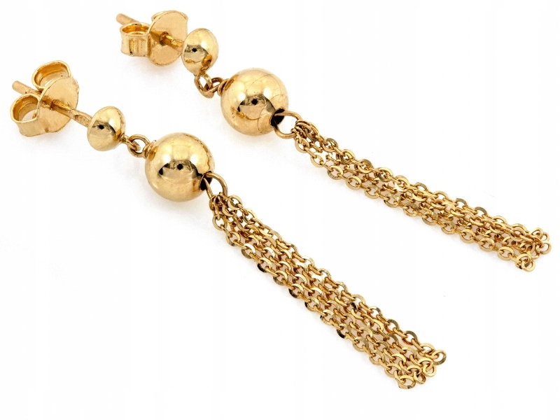 Náušnice zlaté 585 dlouhé visací s kuličkami a řetízky na puzetě 14kt