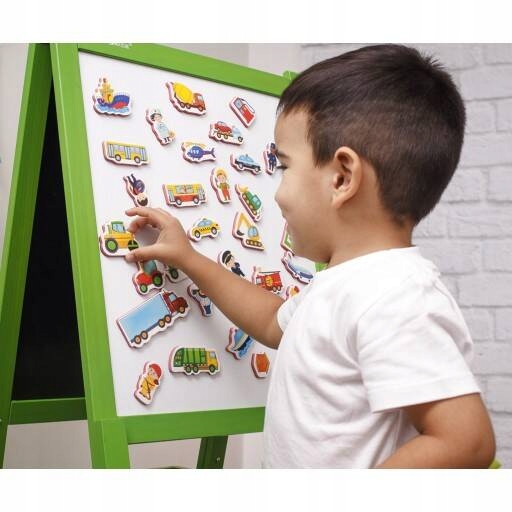 MÓJ MAŁY ŚWIAT MAGNESÓW: TRANSPORT MAGNESY POJAZDY DROGOWE ROTER KAFER Materiał pianka