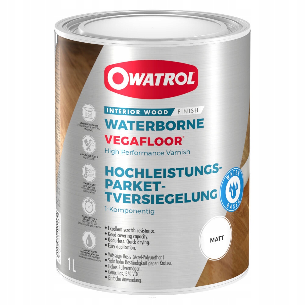 Vegafloor 1L polyuretanový lak na vodní bázi pro matné dřevěné podlahy