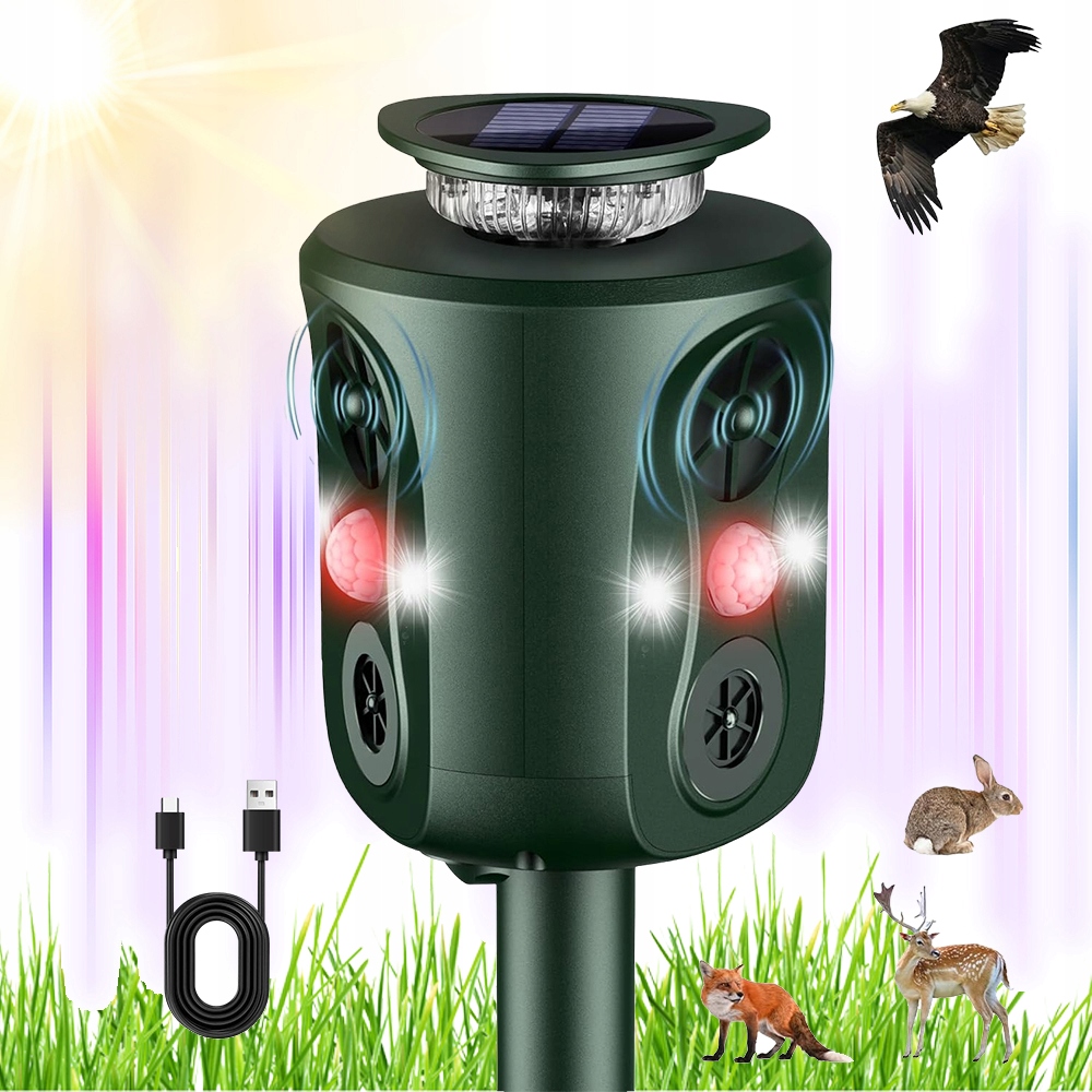 Solarny Odstraszacz Gryzoni Ultrasoniczny 5 Trybów Pracy 360° Detekcja 10M