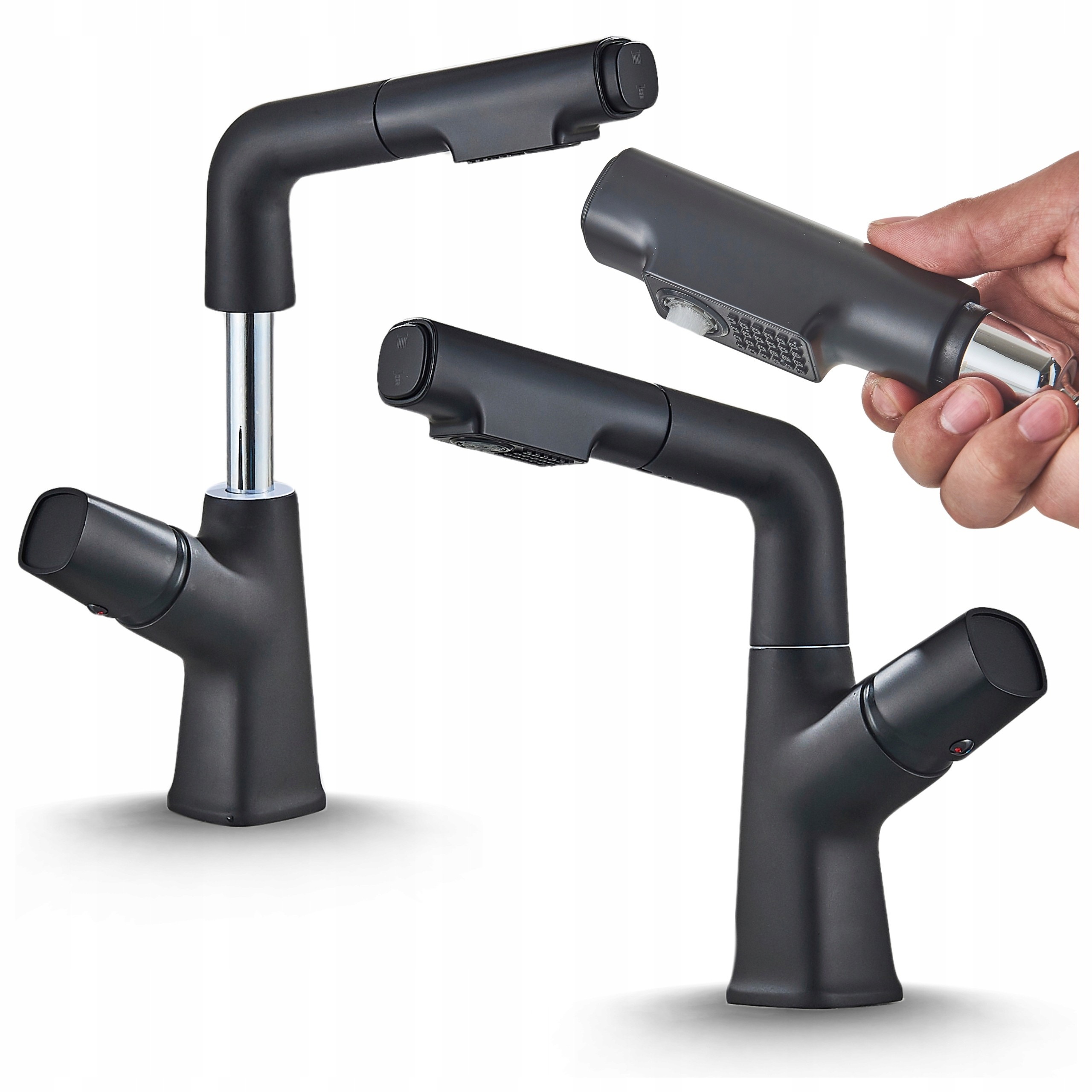 Umývadlová Batéria čierna matná stojaca Kohútiková Do Kúpeľne Výsuvný výtok