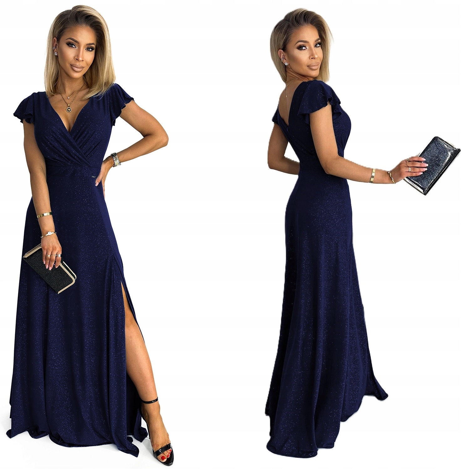 Lesklé Dlouhé Šaty S Velkým Výstřihem Na Silvestrovský Ples, Tmavě Modrá Xs