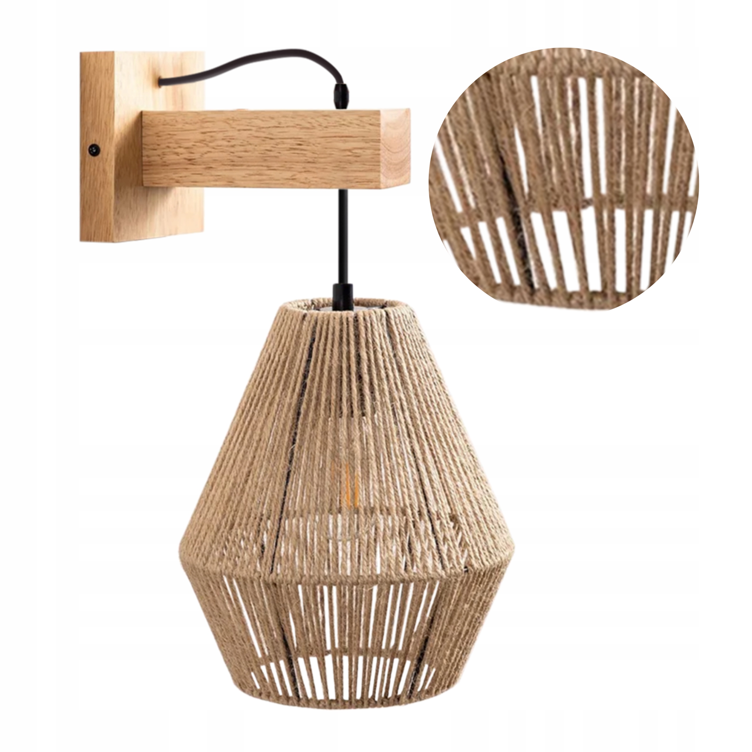 Lampa Ścienna Kinkiet Wiszący Brązowa Naturalna Boho Sznurek Jutowy E27