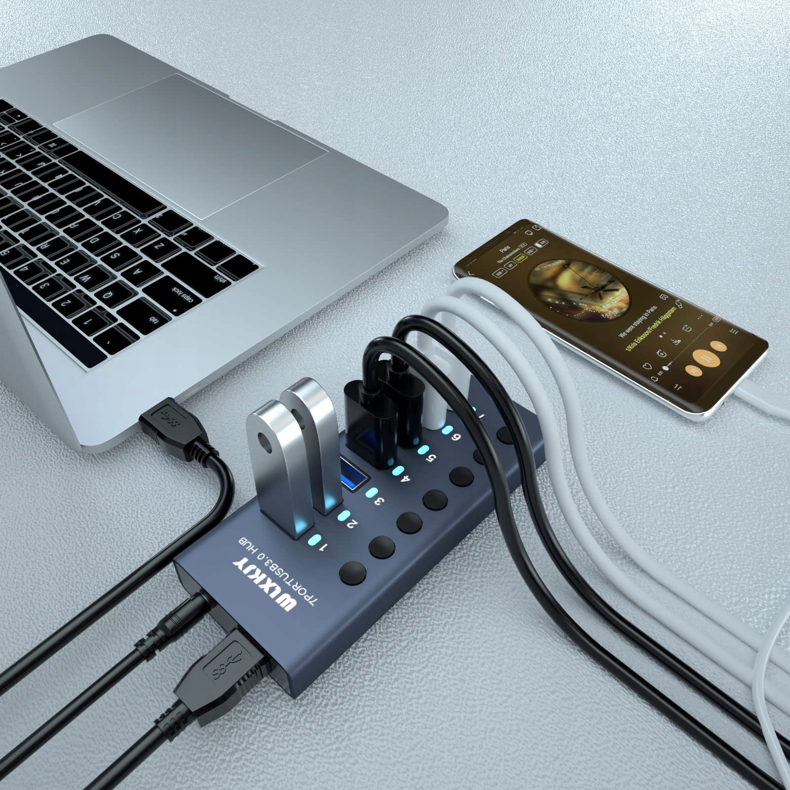WLXKJY Hub USB 3.0 7-Port Aluminiowy Szybki Transfer Danych i Ładowanie — miniatura 2