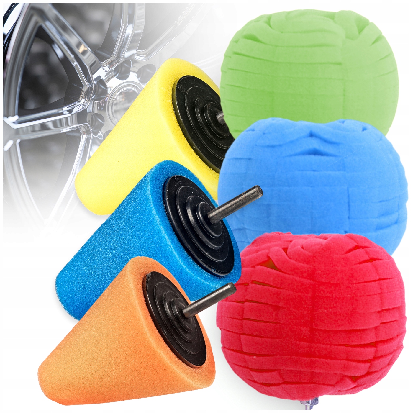 Zestaw Do Polerowania Felg Kół Stożki Gąbki Okrągłe 3 Twardości Zestaw 6EL.