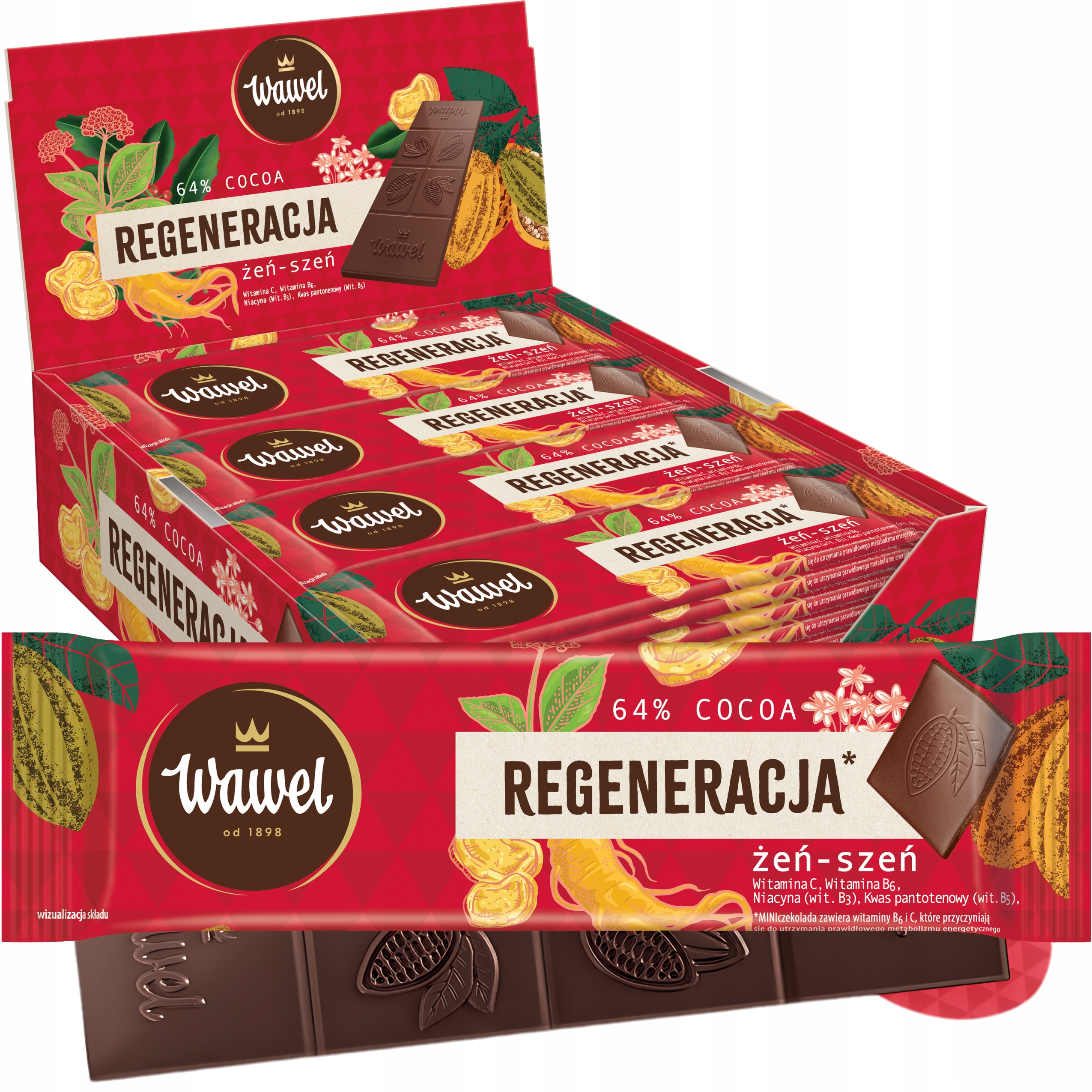 Baton Mini czekolada Gorzka 64% z Żeń-szeń czekoladki Wawel 20g 32 sztuk