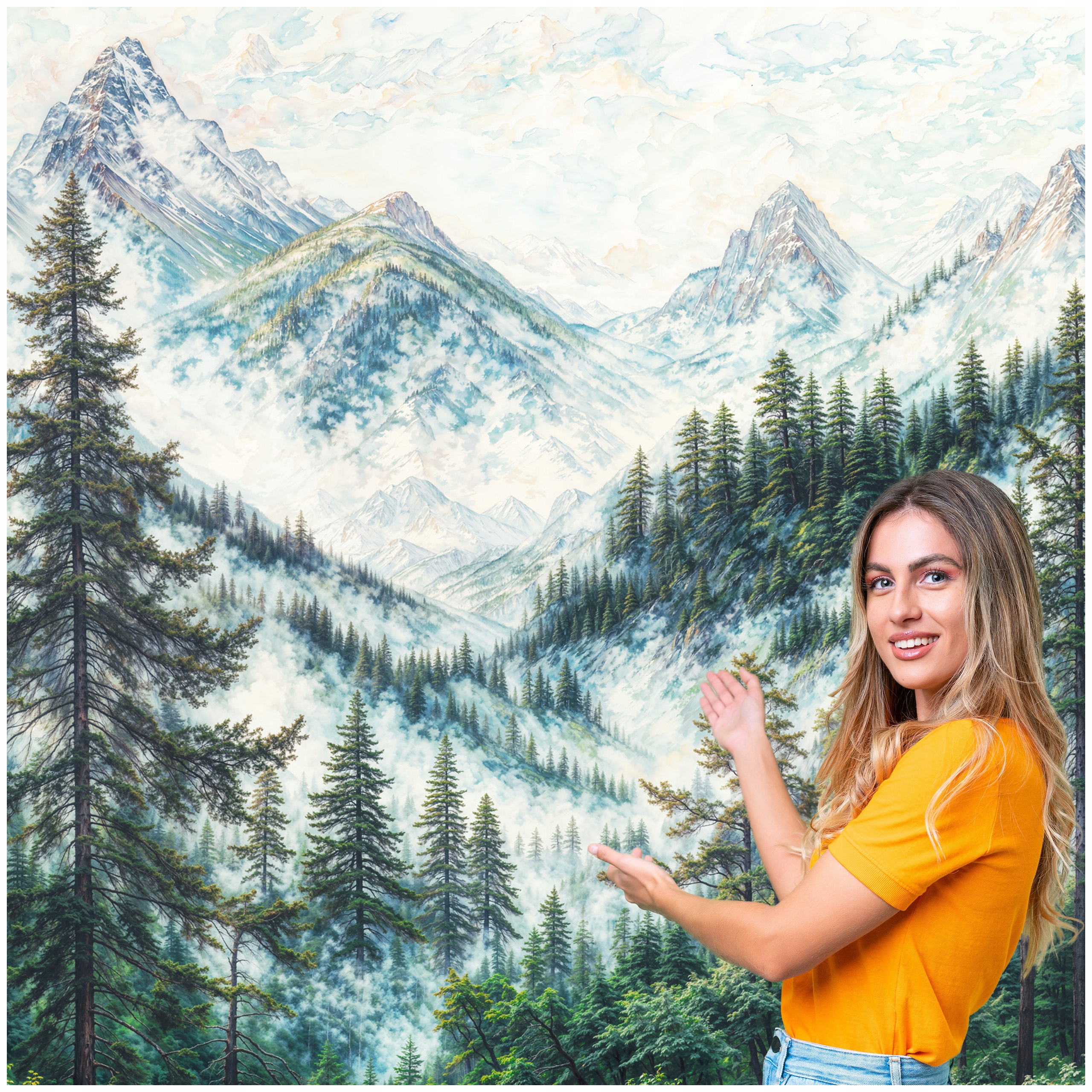 Fototapeta Salón Spálňa Les Hmla Stromy Hory Akvarel 392x280 LMDG02W