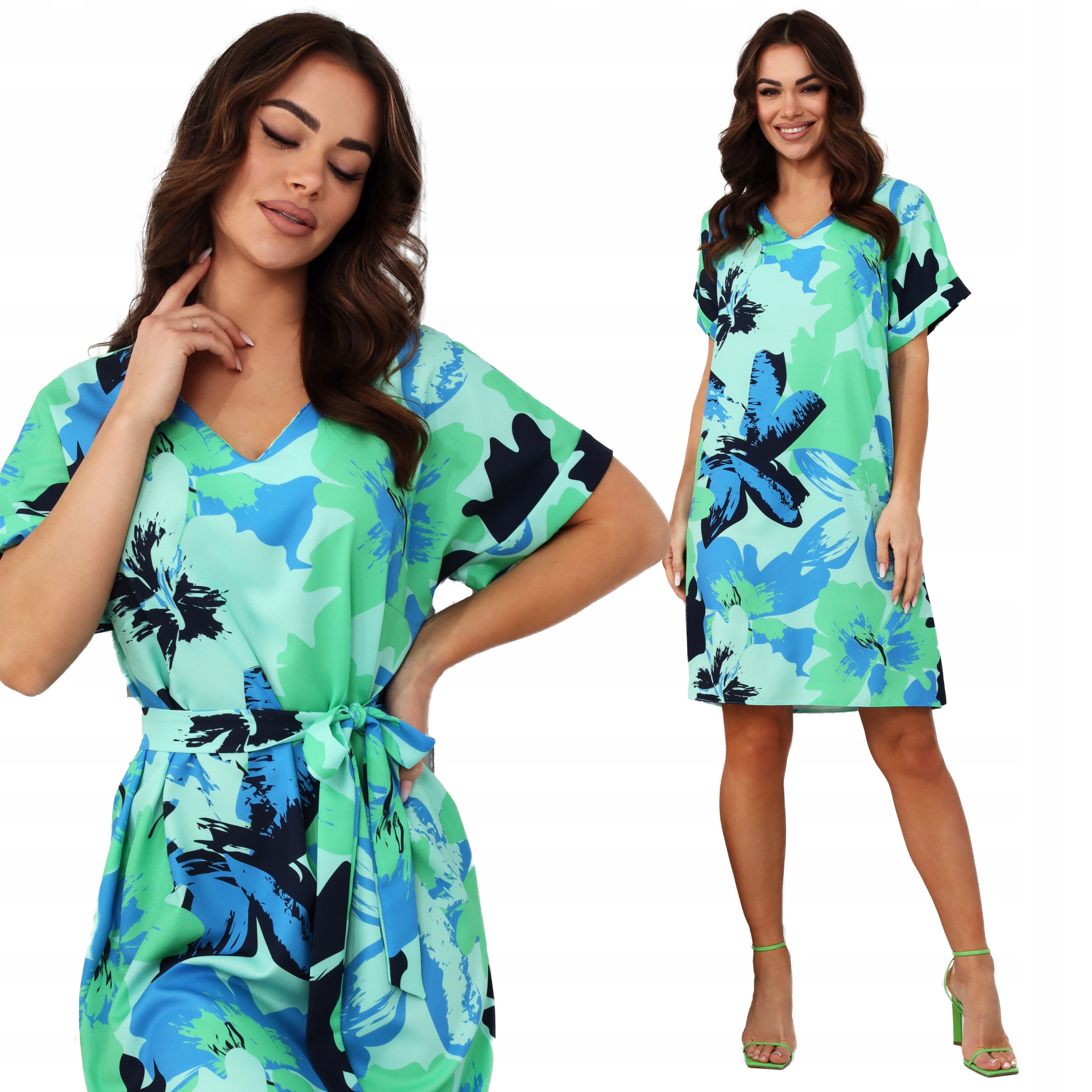 Sukienka Damska Kobieca Mini 44/46 2XL/3XL Niebieskie Kwiaty 2683