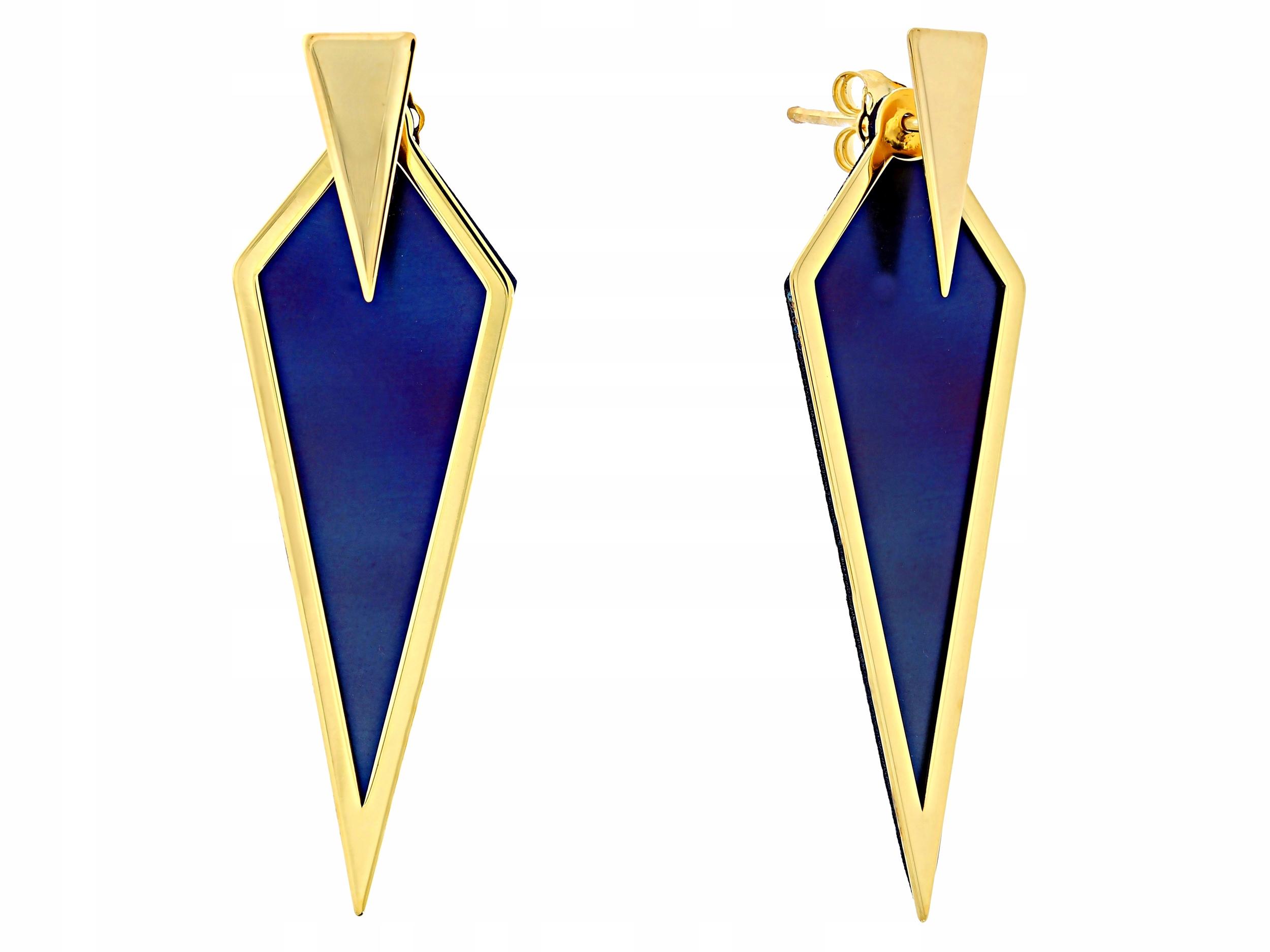 Stříbrné Náušnice Závěsné pozlacené modré šroubky s titanovou tyčinkou 925