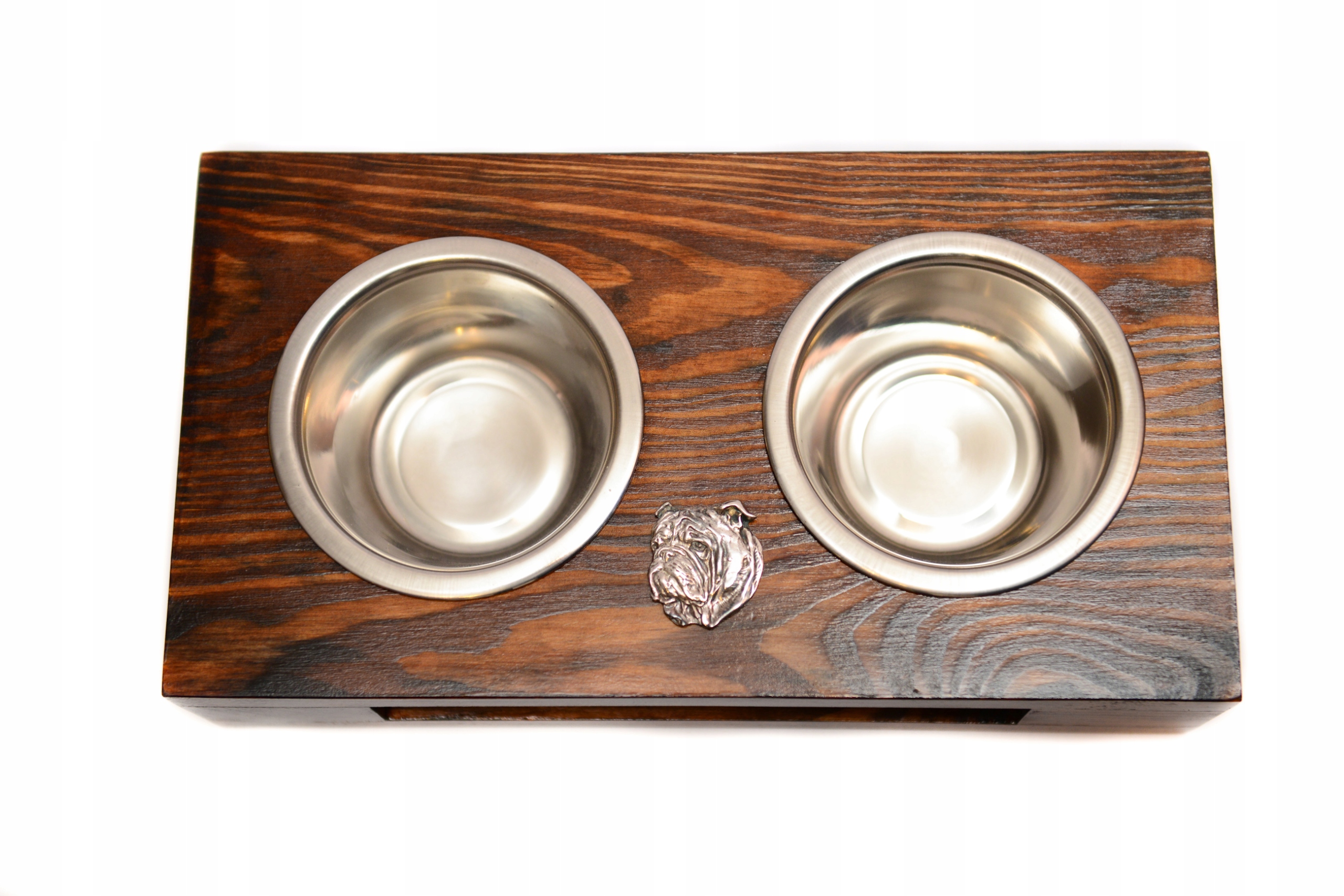 Levně Stojan s miskami pro psa, masivní dřevo, ručně vyráběné ocelové misky Bulldog