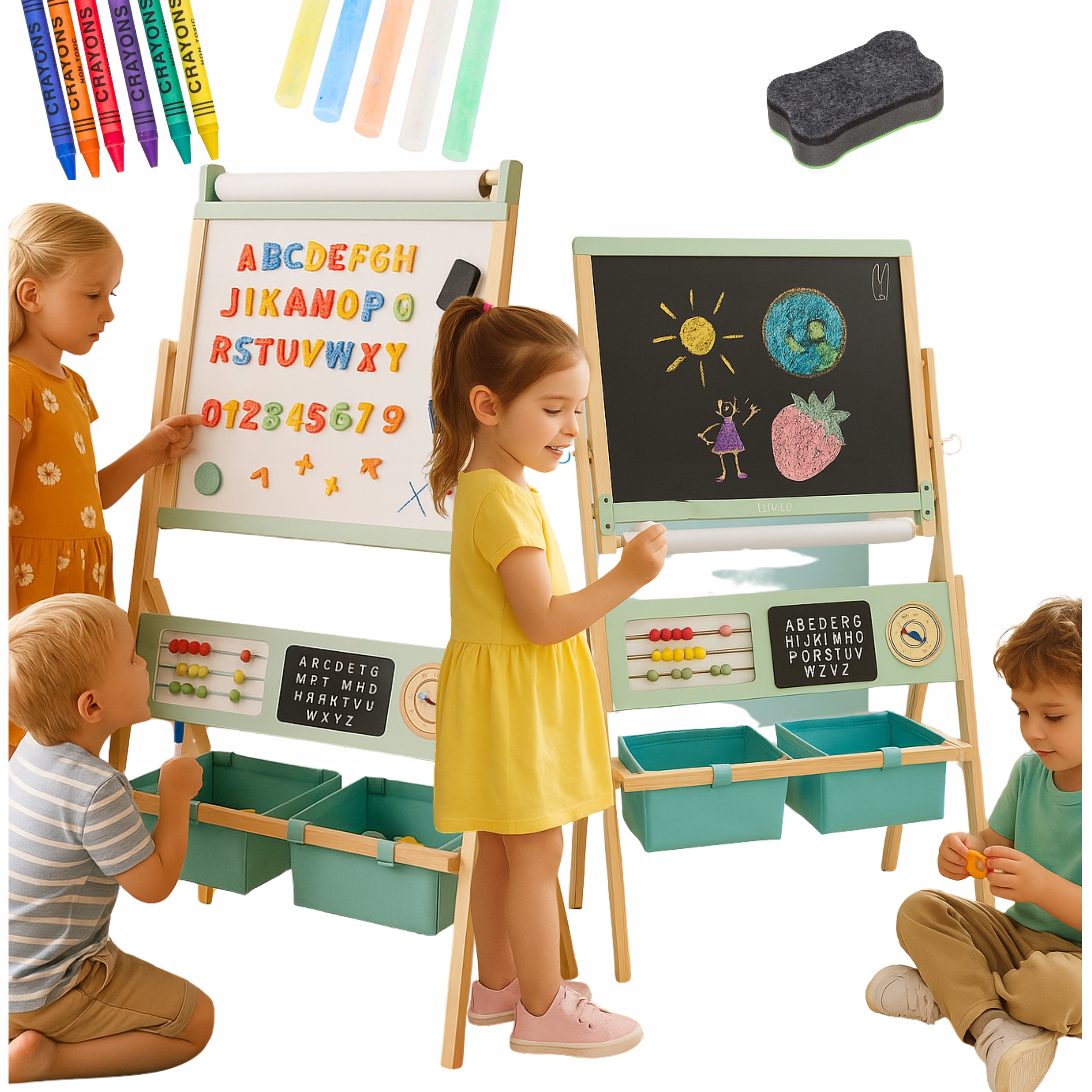 Tablica edukacyjna 3w1 dla dzieci drewniana magnetyczna kredowa