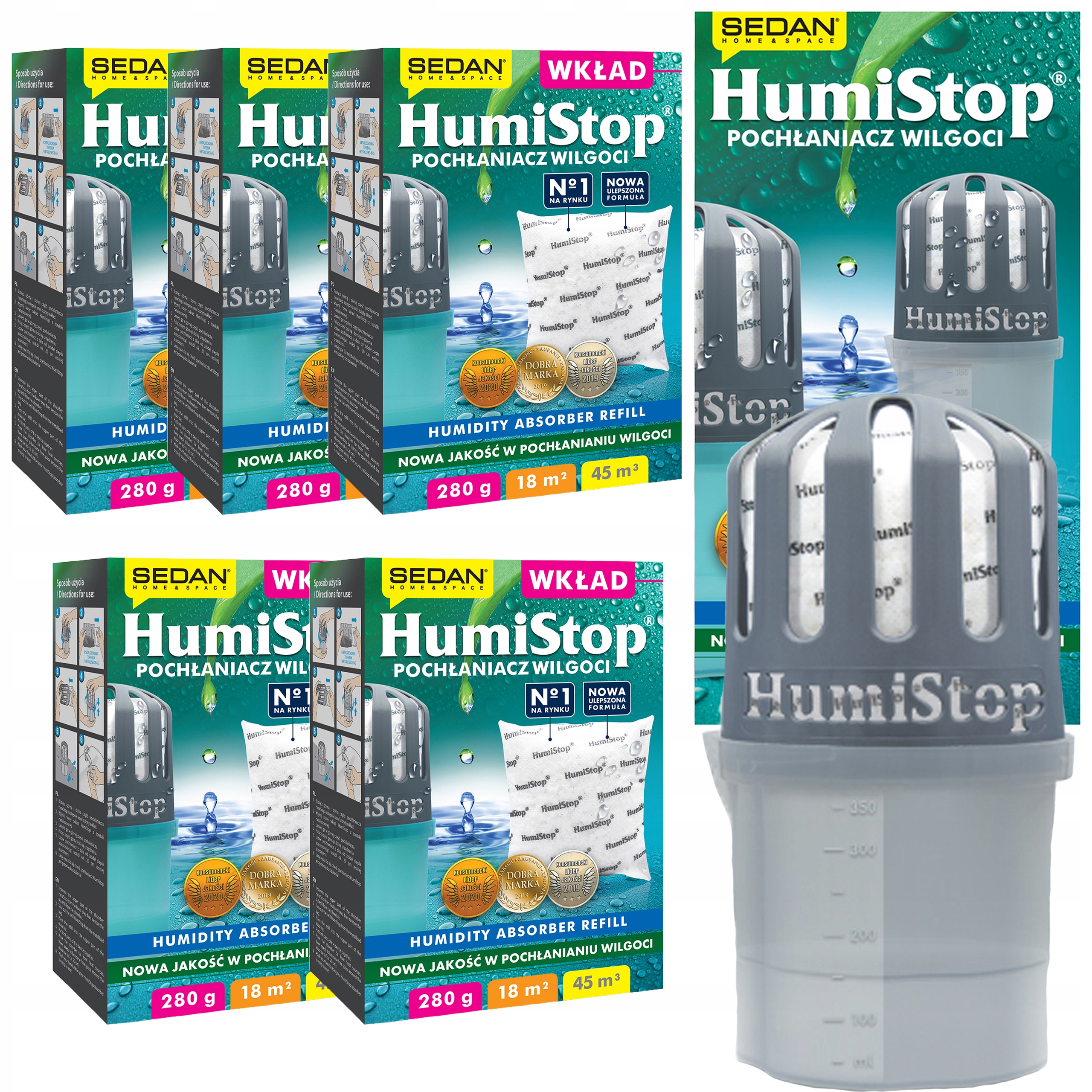 Pohlcovač vlhkosti Humistop – 1 x zařízení 5 x náhradní náplň Humistop 280 g