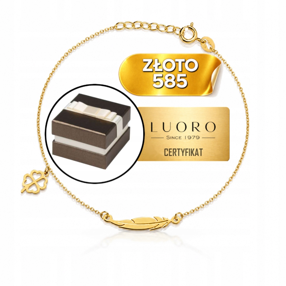 Náramek Zlatý 585 14K Pórko Čtyřlístek Nastavitelný 17-19 CM Elegantní