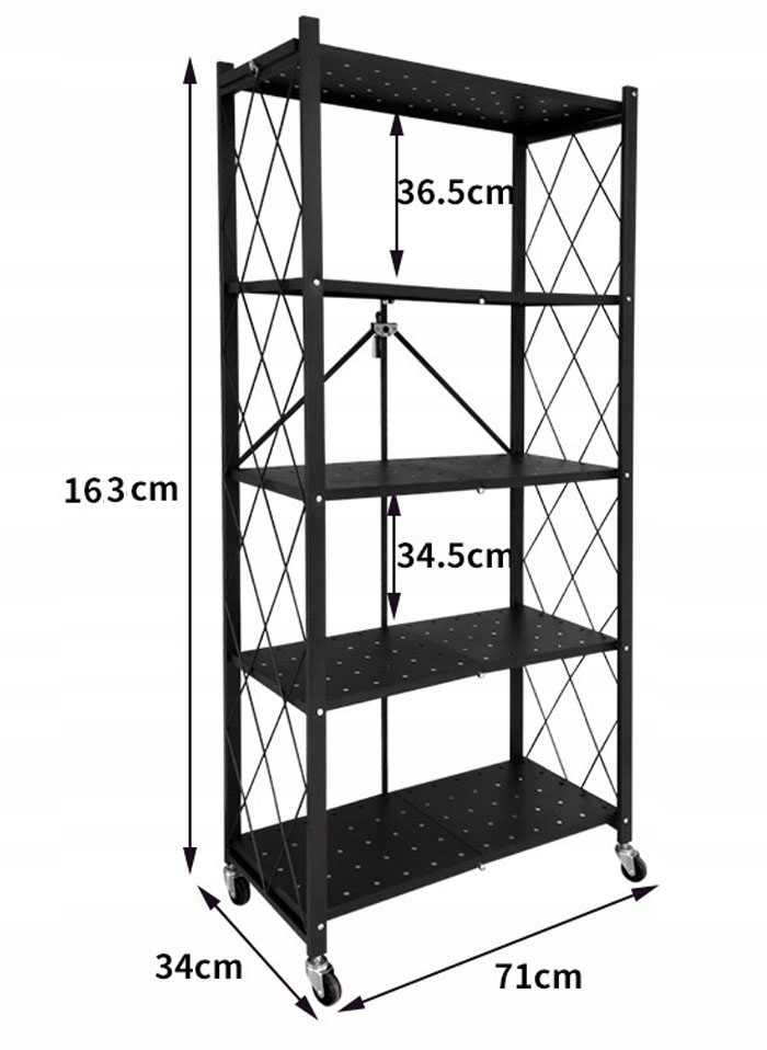 SKŁADANY MOBLILNY CZARNY REGAŁ NA KÓŁKACH 5 POZIOMÓW PÓŁKI Liczba poziomów większa liczba poziomów