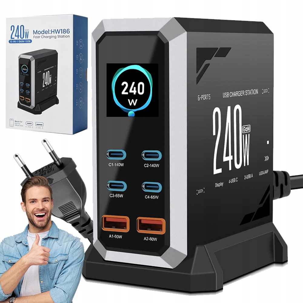 Mocna Ładowarka GaN 240W Stacja Ładująca Biurkowa Portów 2XUSB-A 4XUSB-C