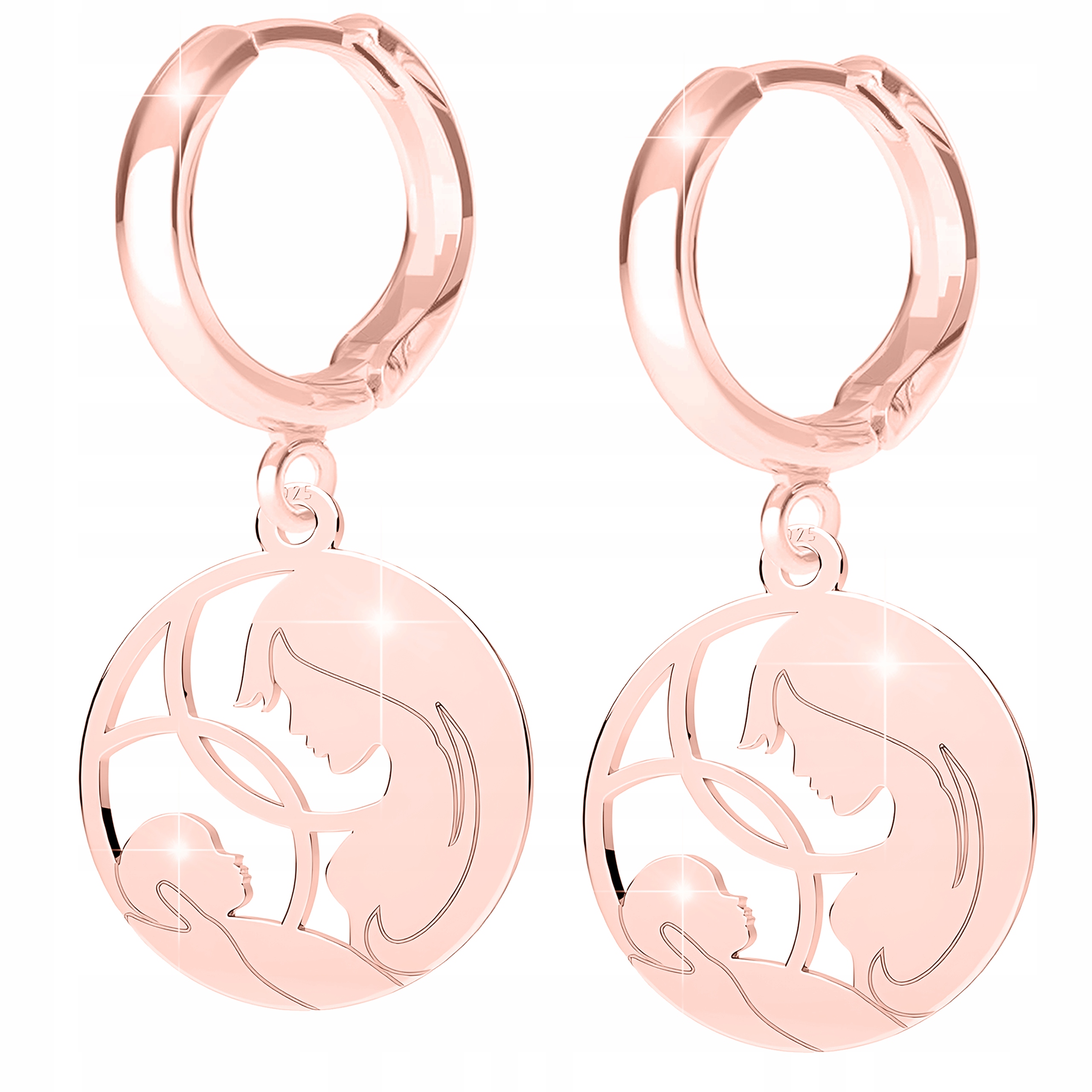 Velké Růžové Náušnice 925 Matka s Dítětem Kulaté Máma Dcera Dítě