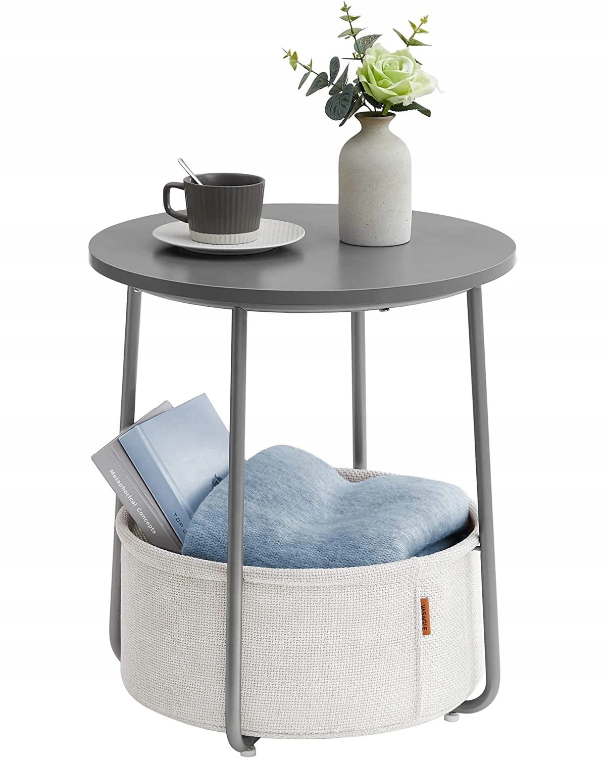 Moderní Kulatý Noční Kávový Stolek S Bočním Košem, Šedý