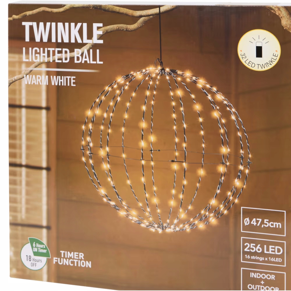 Led svetelná guľa 47,5 cm 256 Led Teplá biela Blikajúci vonkajší časovač
