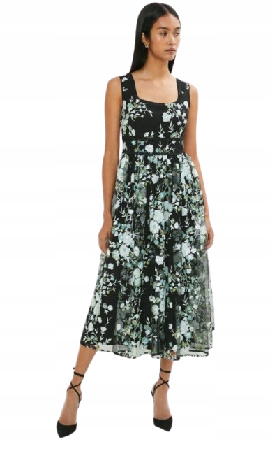 Černé Šaty MIDI S Květinovým Potiskem Na Ramínkách 38 Hkn