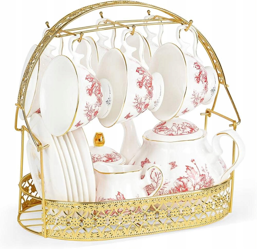Vintage porcelánový čajový set s držiakom, 22-dielny