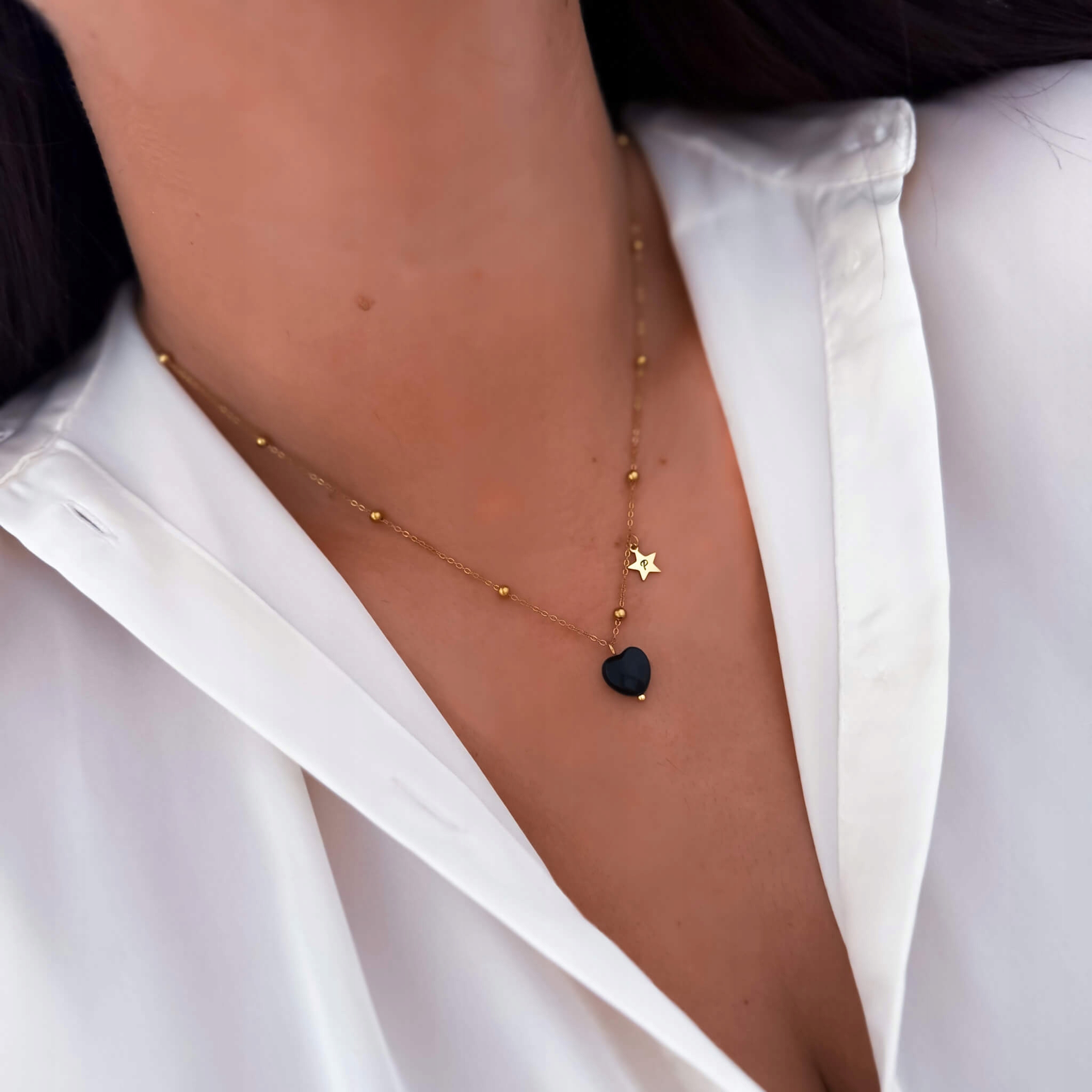 Złoty łańcuszek z turmalinem serce kamień gwiazdka personalizacja stal 316