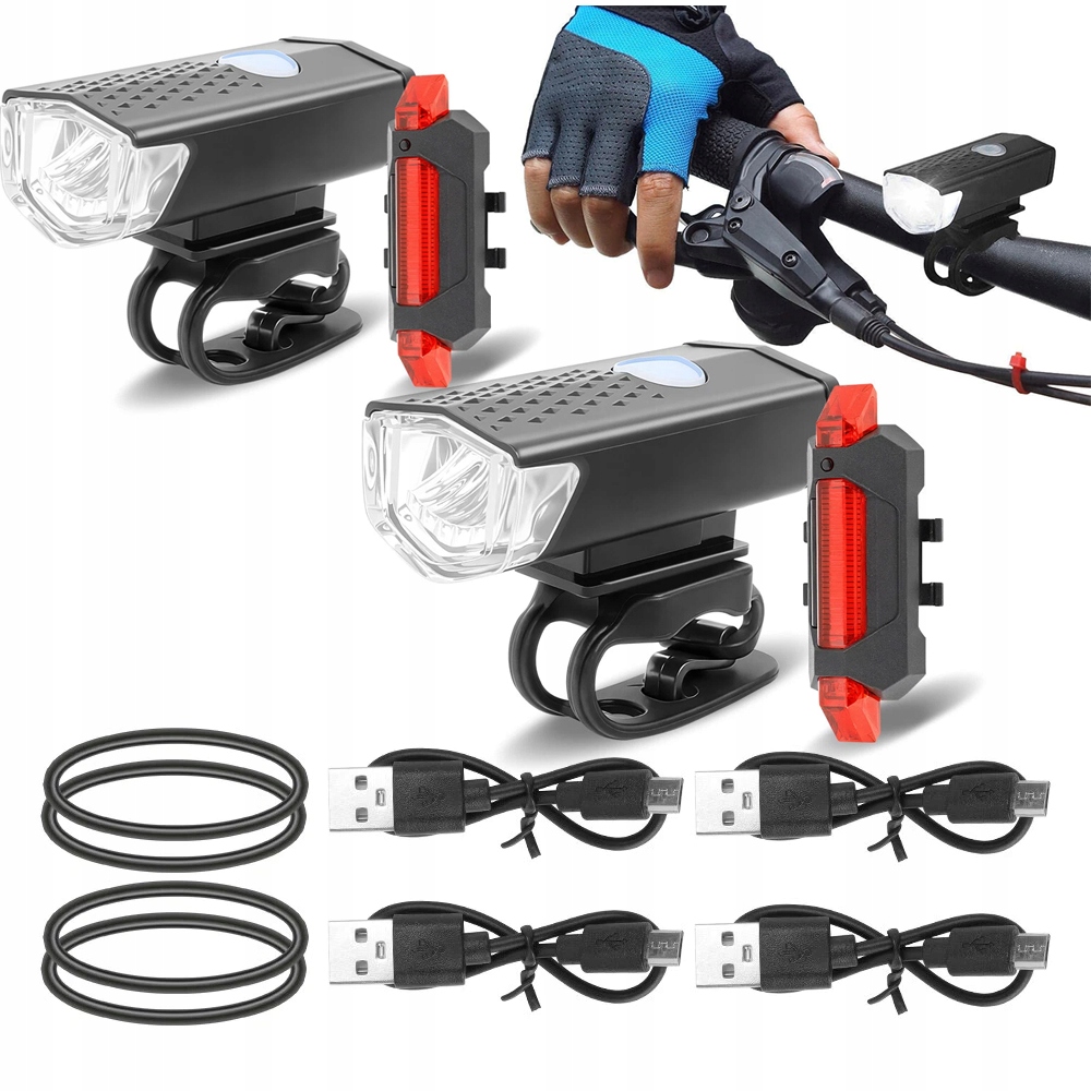 OŚWIETLENIE ROWEROWE LED ZESTAW 4 SZTUK 2 PRZEDNIE + 2 TYLNE IP65 300LM