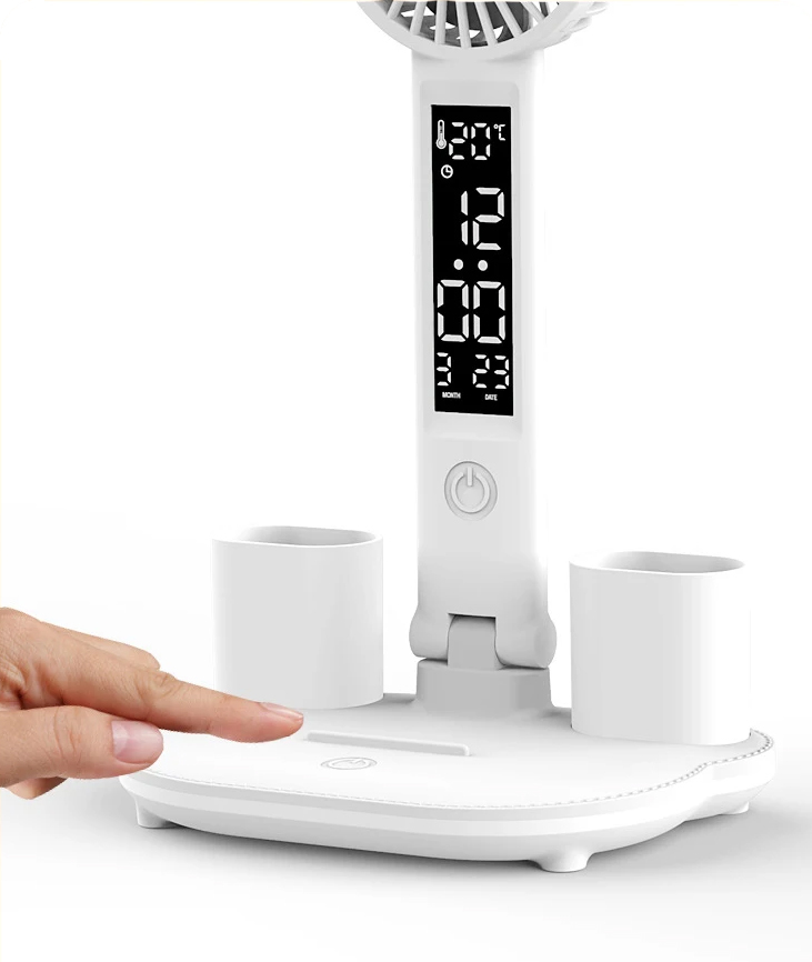 WSZYSTKOMAJĄCA MOCNA LAMPKA BIURKOWA 2-RAMIONA ORGANIZER ZEGAR WENTYLATOR Długość/wysokość 32 cm