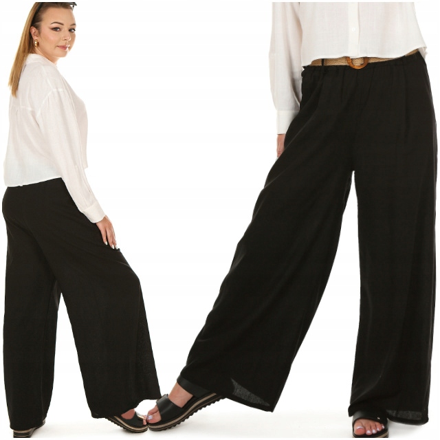 Moda Fresca F782 włoskie szerokie Spodnie, pleciony pasek Len