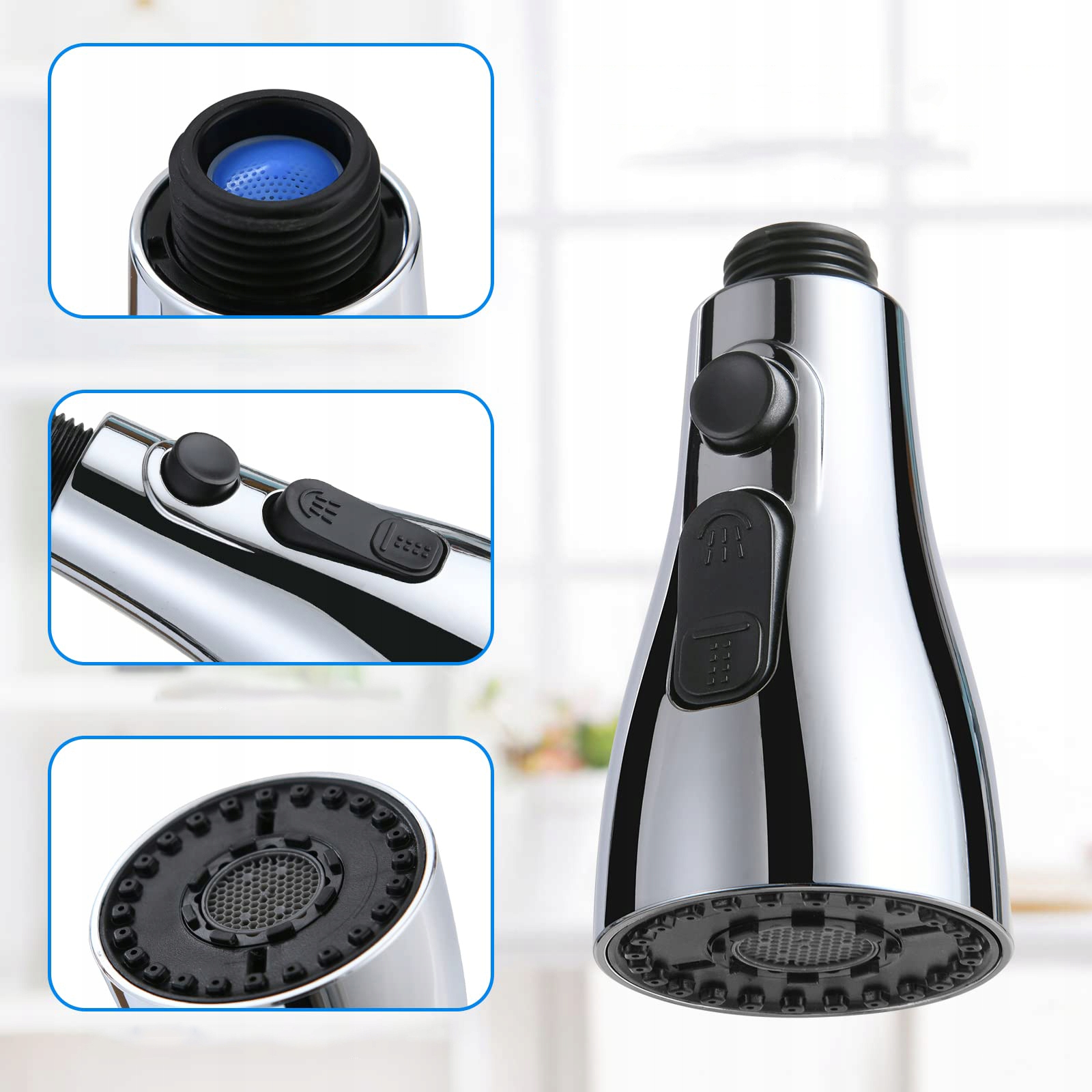 BATERIA KUCHENNA KOŃCÓWKA PRZEDŁUŻKA DO KRANU 3 TRYBY PERLATOR ADAPTER Kolor chrom